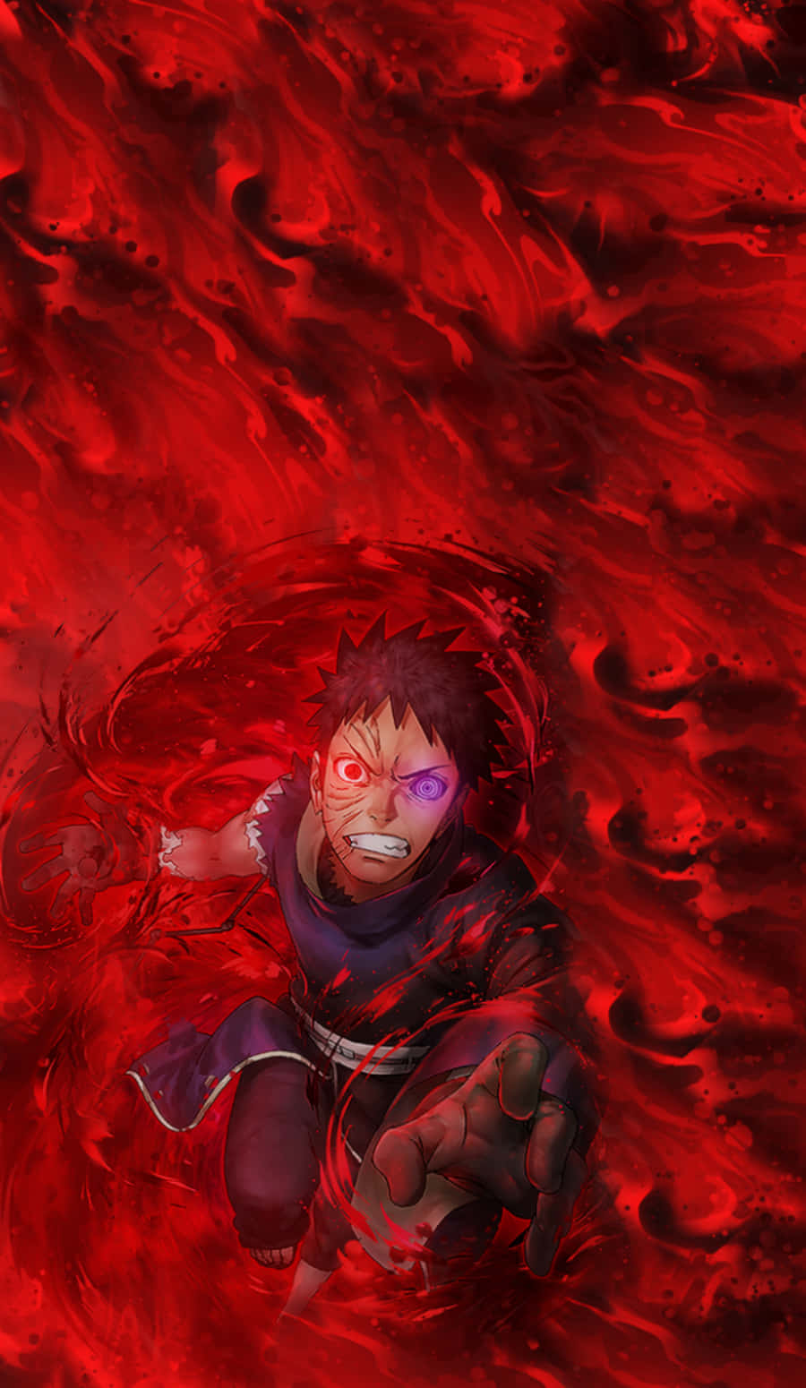 Obito, glowing red and purple eyes, swirling crimson chakra, HD Phone Wallpaper