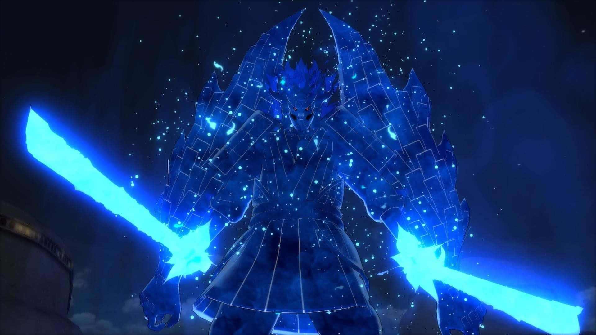 Obito Susanoo, glowing blue armored warrior, radiant swords, Full HD Desktop Wallpaper