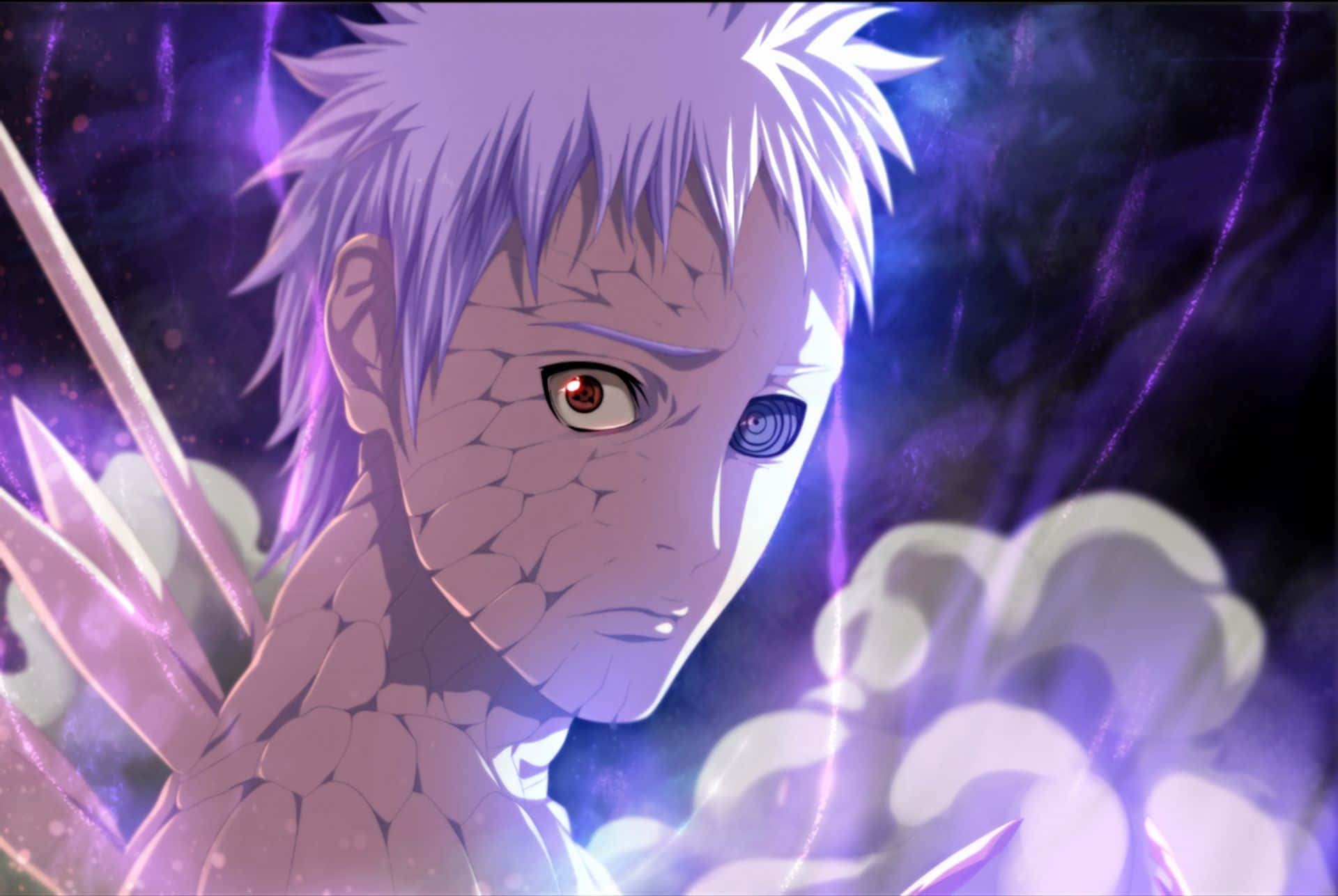 Obito Susanoo, spiky white hair, dual eyes one red one blue, Full HD Desktop Wallpaper
