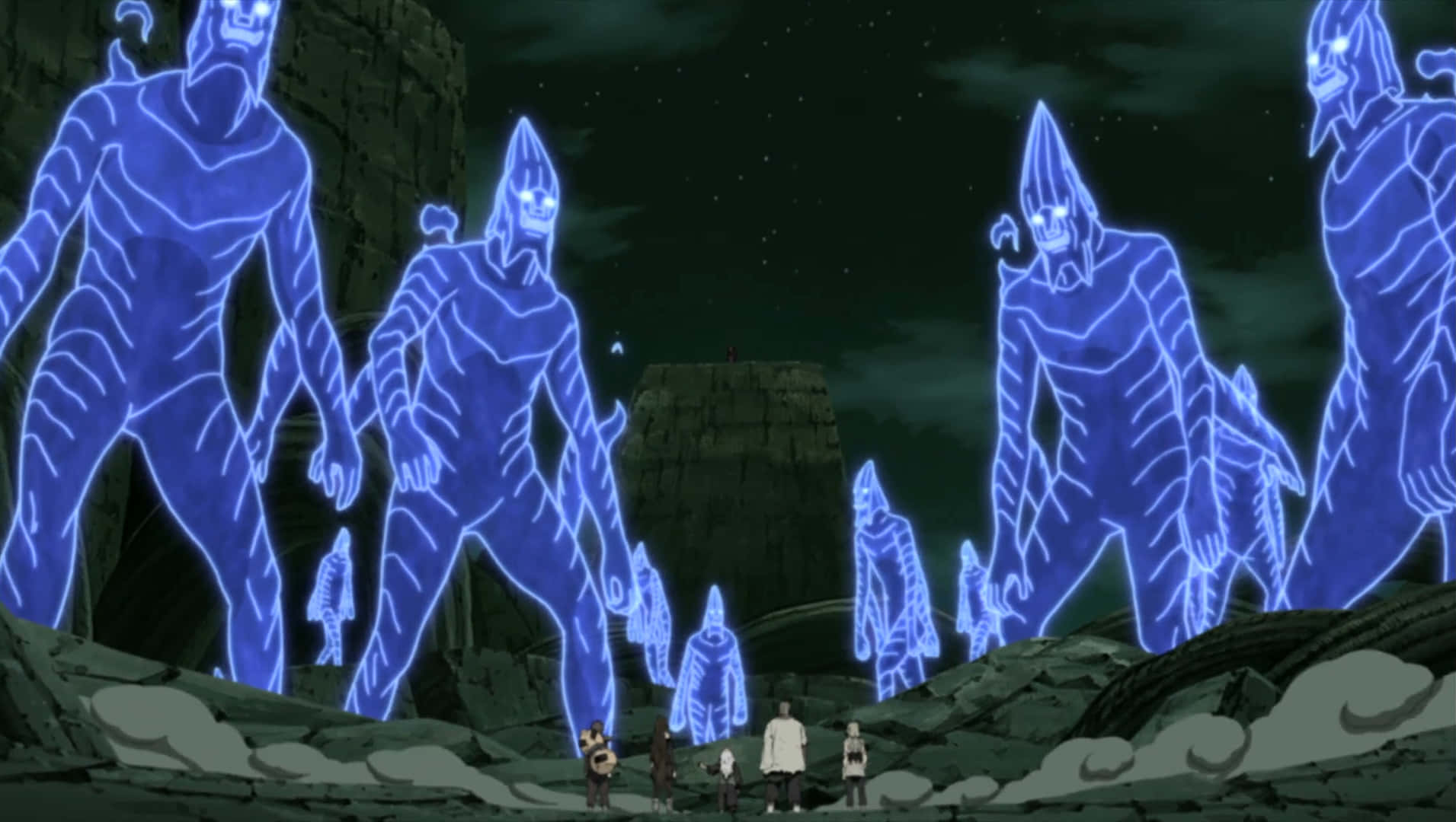 Obito Susanoo, glowing blue skeletal warriors, starry night sky, HD Desktop Wallpaper