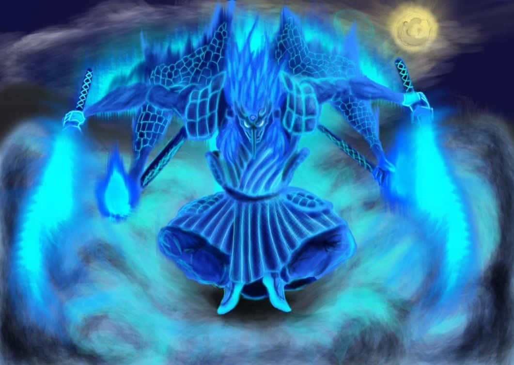 Obito Susanoo, glowing blue armored figure, multiple arms, SD Desktop Wallpaper