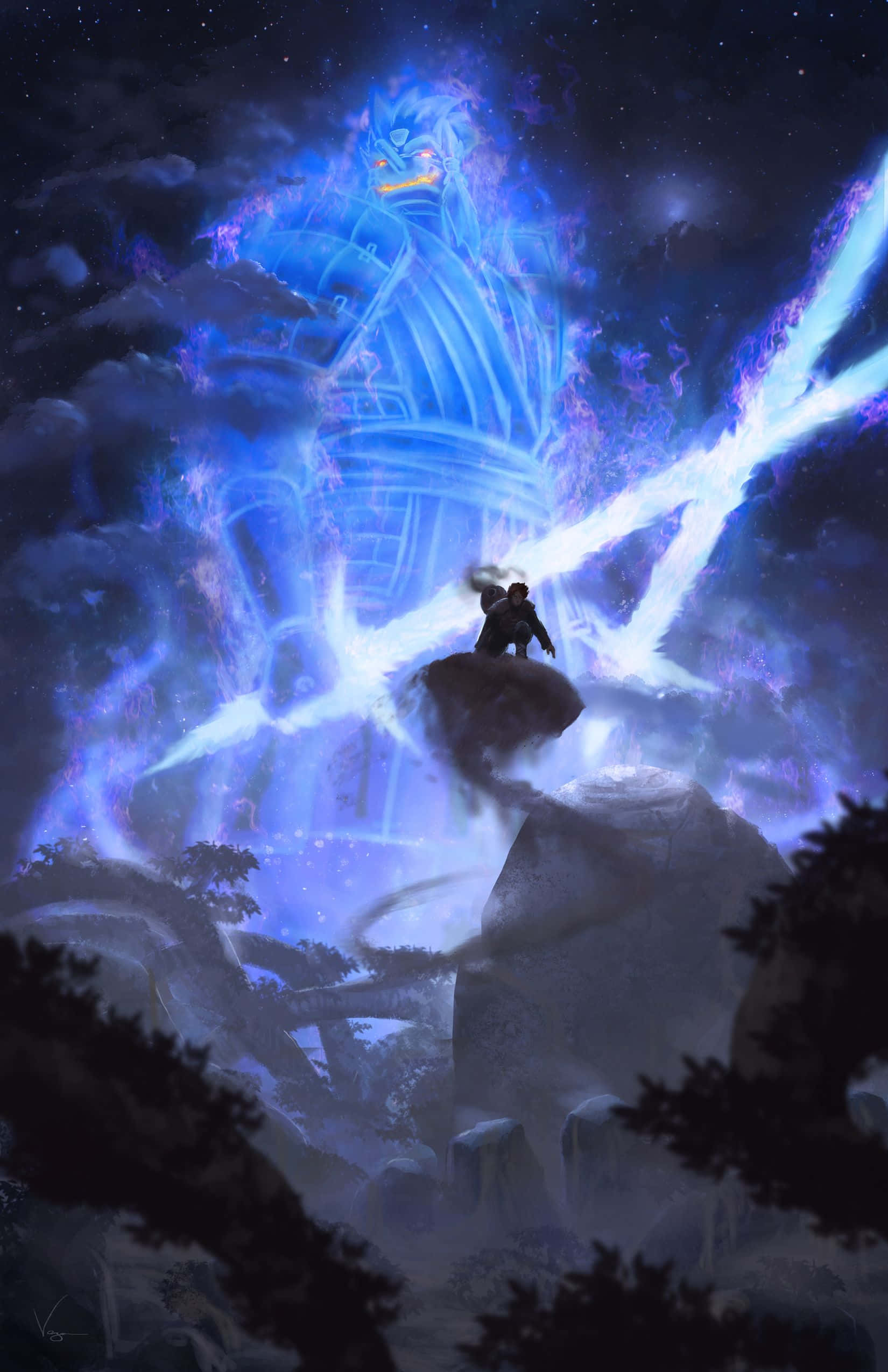 Obito Susanoo, glowing blue and purple chakra entity, storm clouds, Full HD Phone Wallpaper