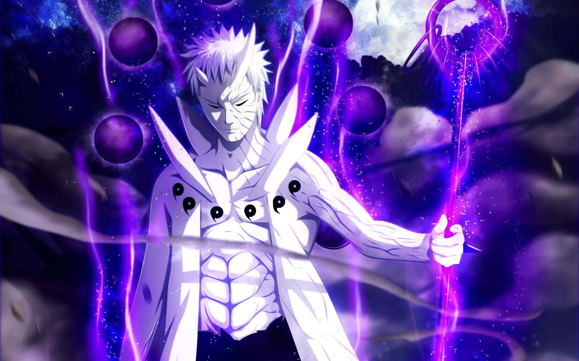 Obito Susanoo, white-haired anime warrior, nine tomoe eyes, Full HD Desktop Wallpaper