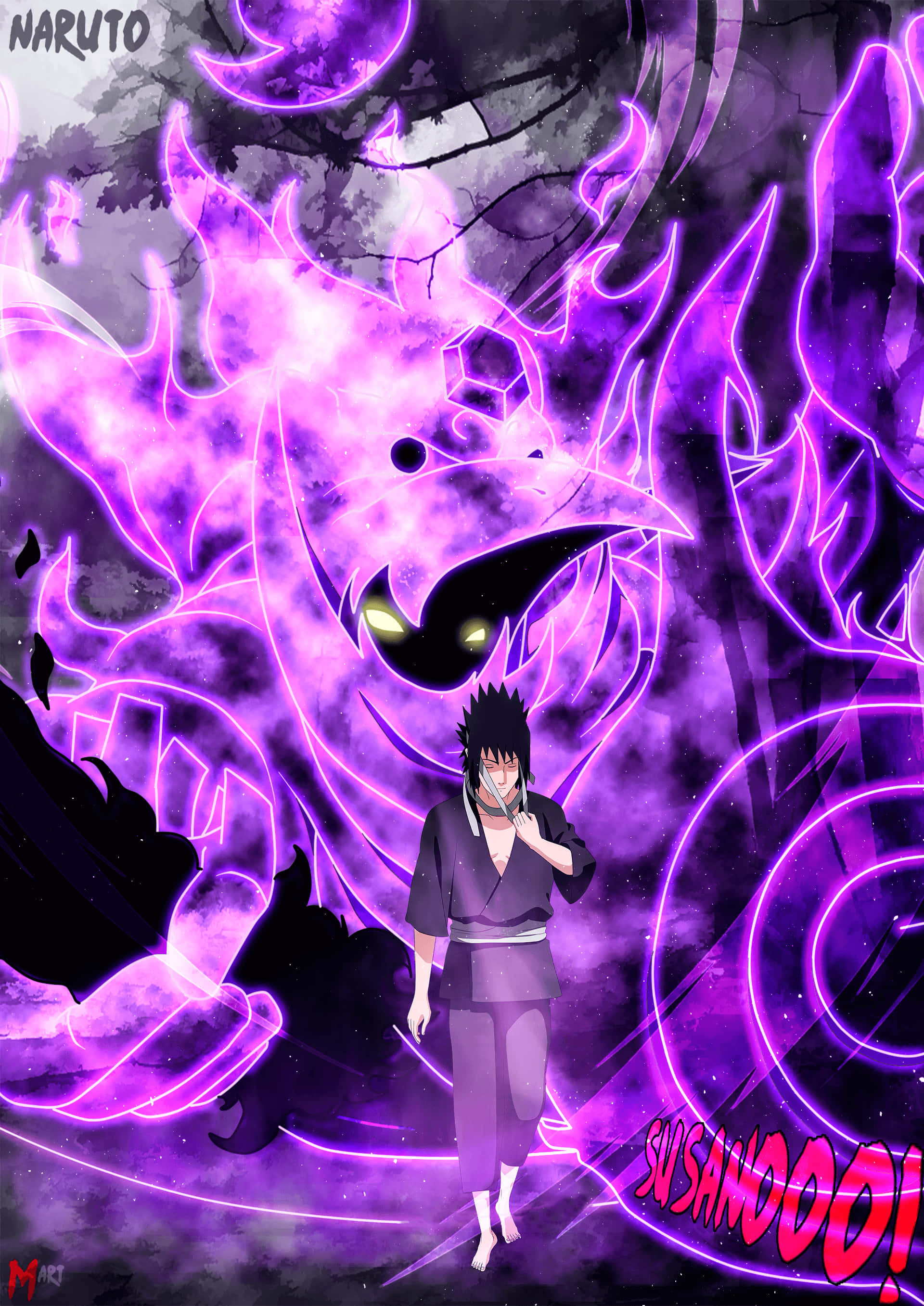 Obito Susanoo, purple chakra beast, glowing eyes, 2K Phone Wallpaper