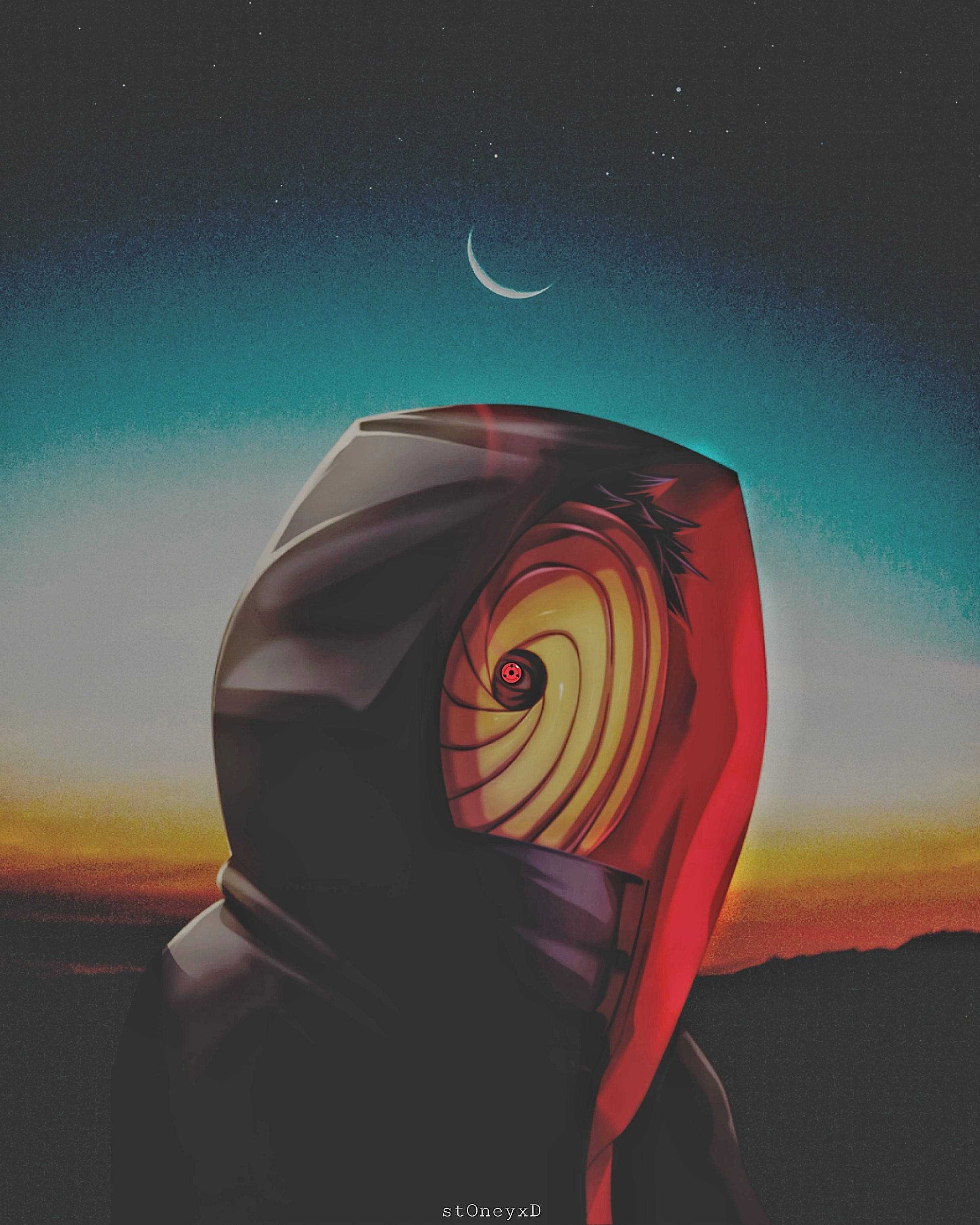 Obito Uchiha, glowing red spiral eye, crescent moon, 2K Phone Wallpaper