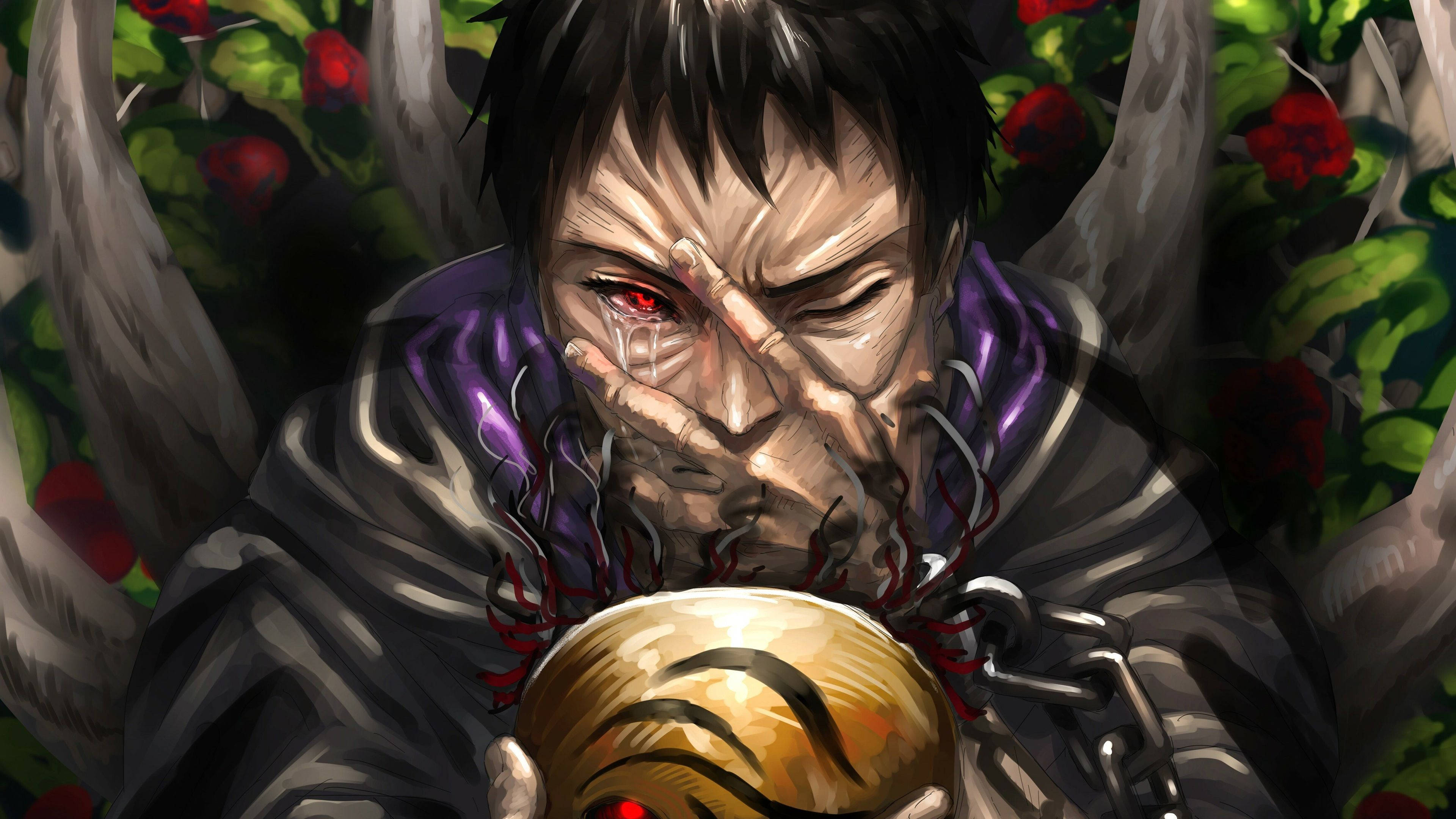 Obito Uchiha, red eyes, bloodied face, 4K Desktop Wallpaper