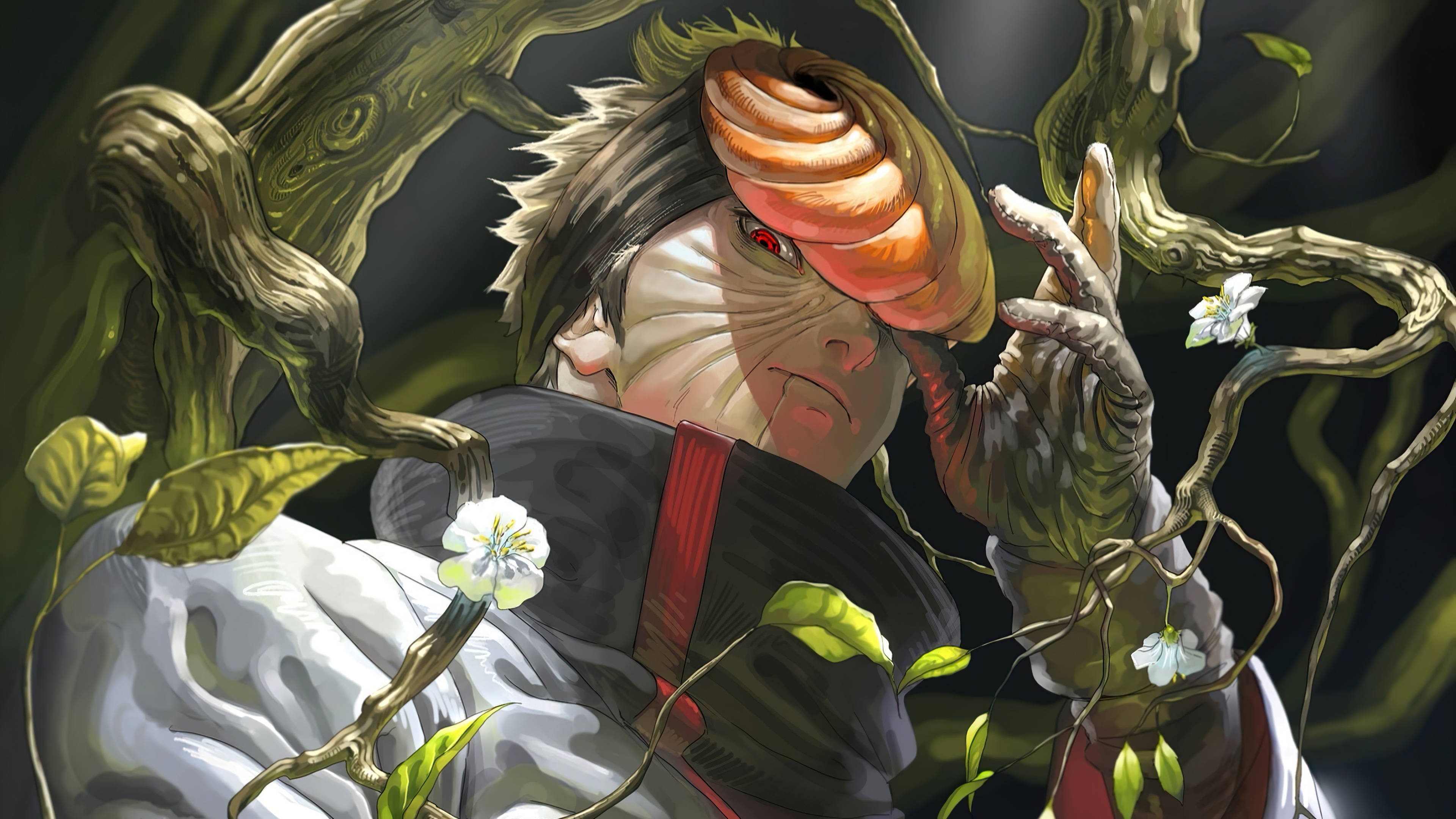 Obito Uchiha, spiral shell, twisting vines, 4K Desktop Wallpaper