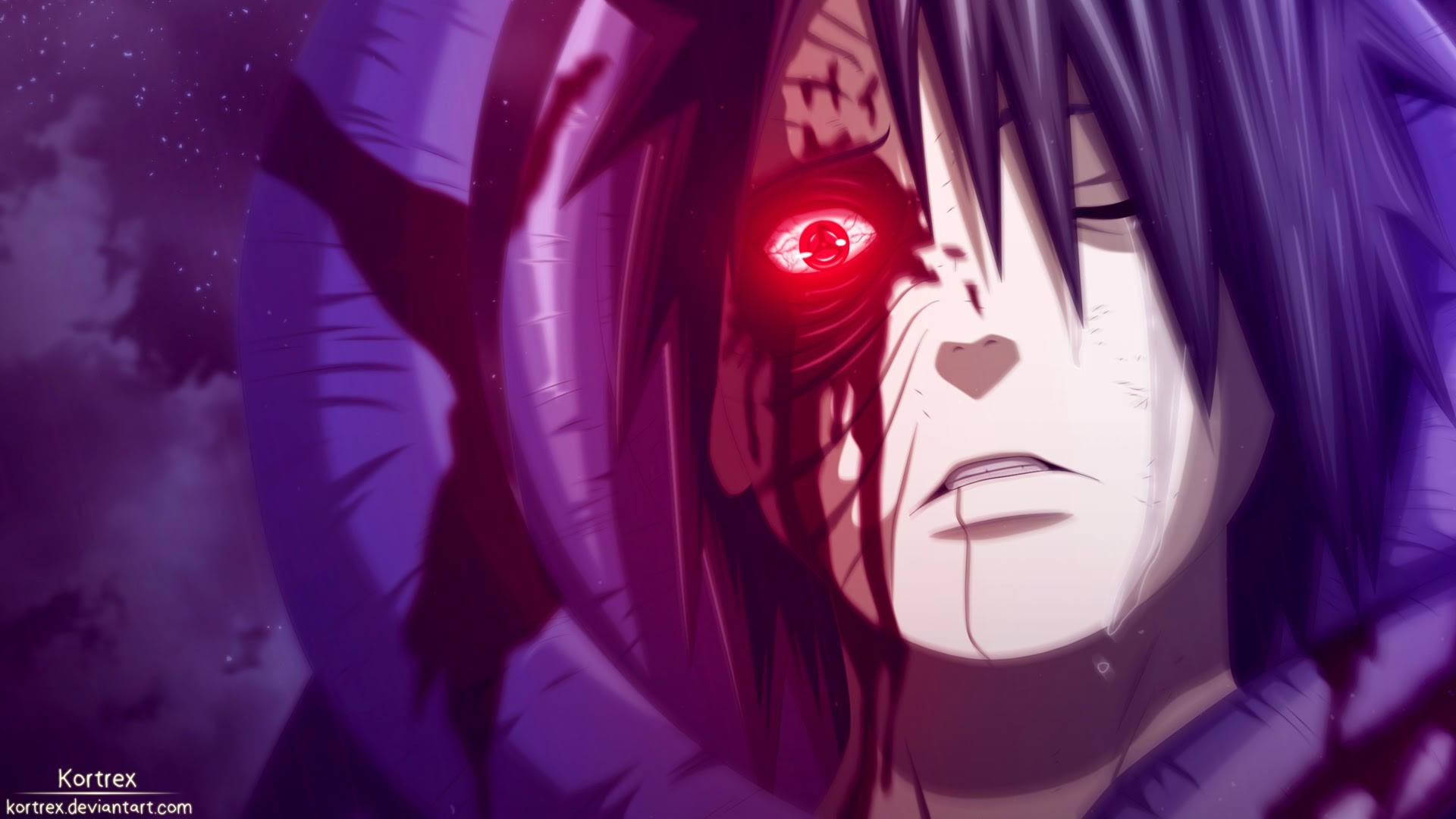 Obito Uchiha, glowing red eye, dark purple hair, Full HD Desktop Wallpaper
