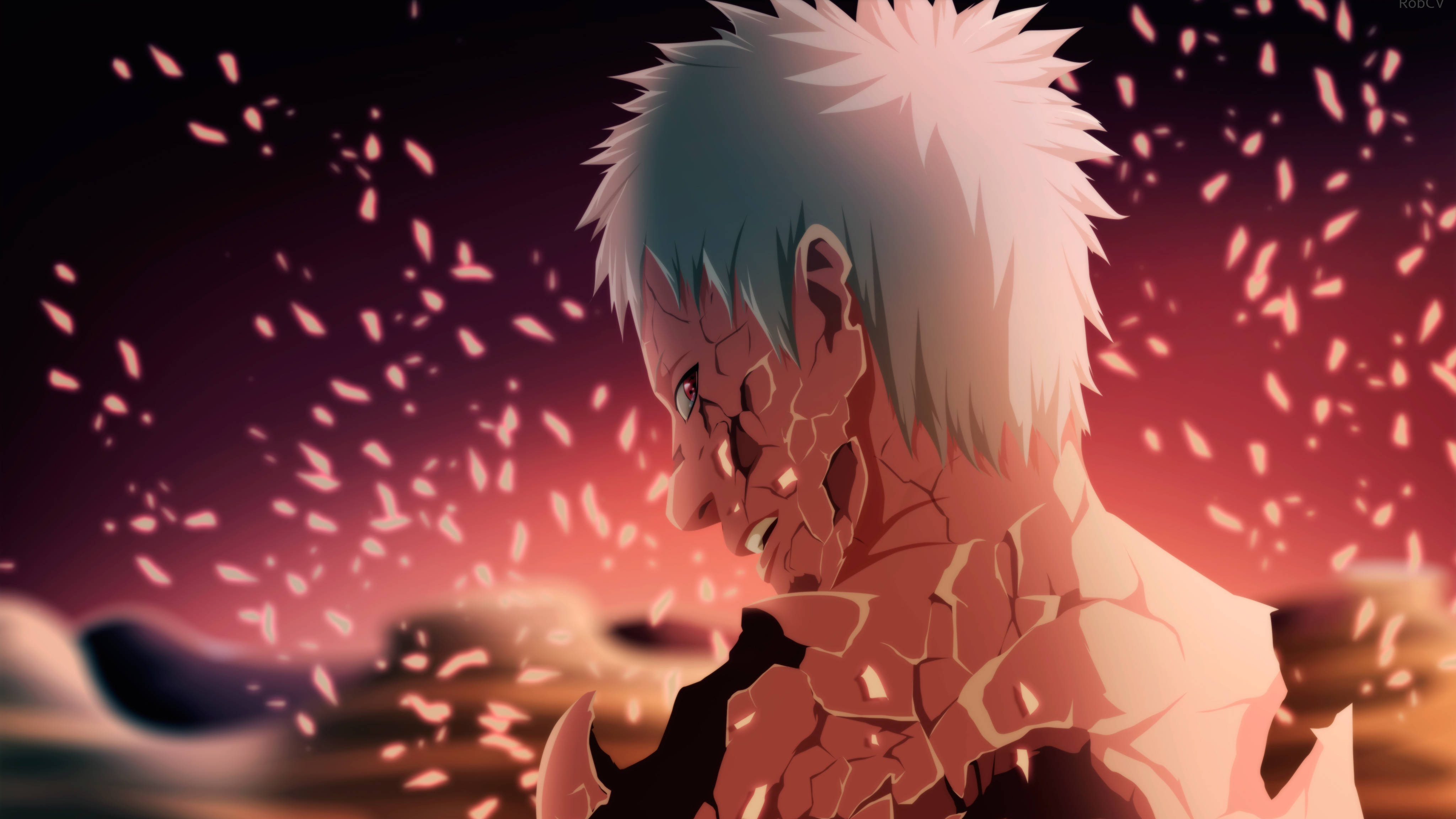 Obito Uchiha, cracked skin, white hair, 4K Desktop Wallpaper