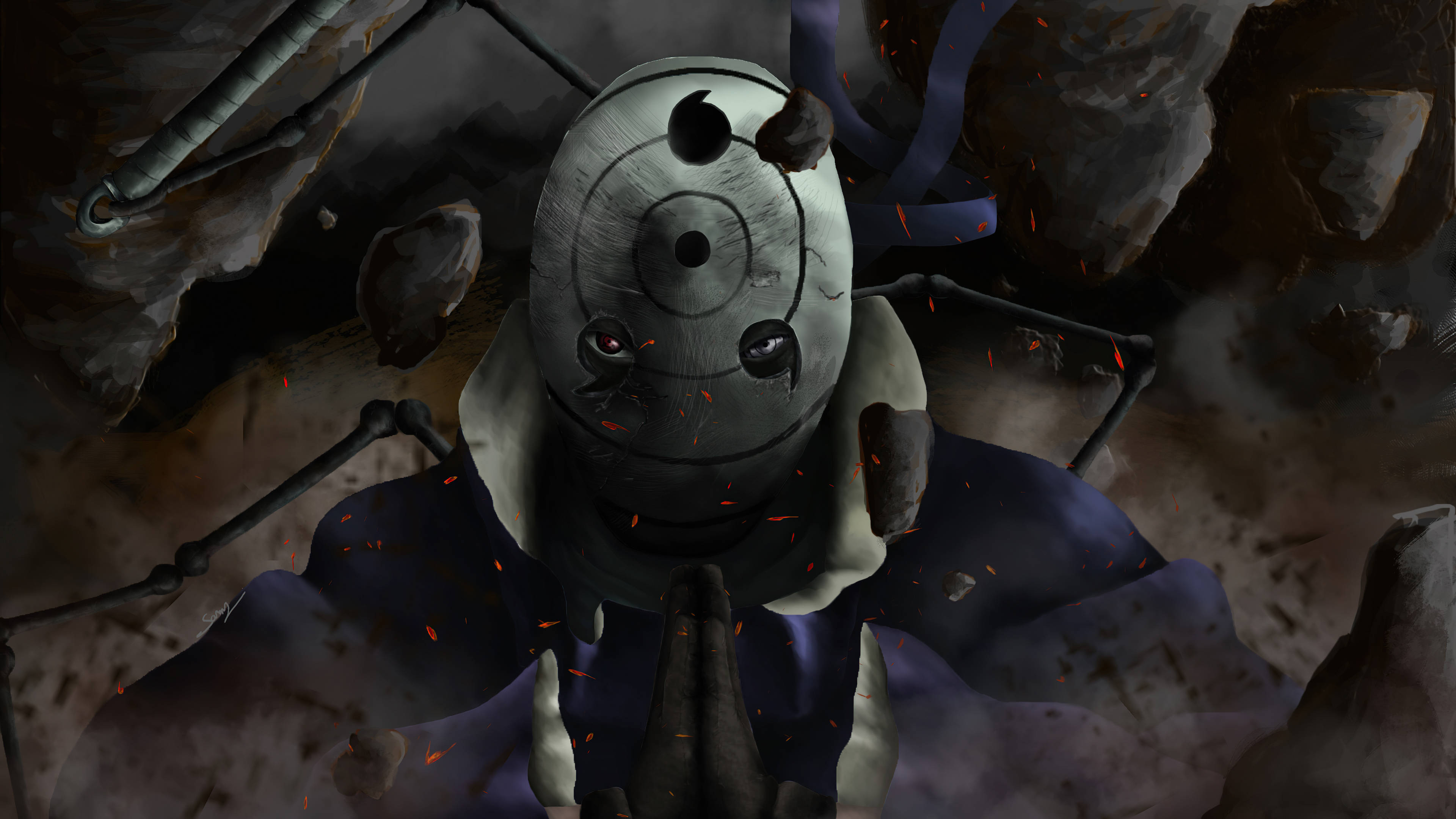Obito Uchiha, metallic mask, glowing red eyes, 4K Desktop Wallpaper