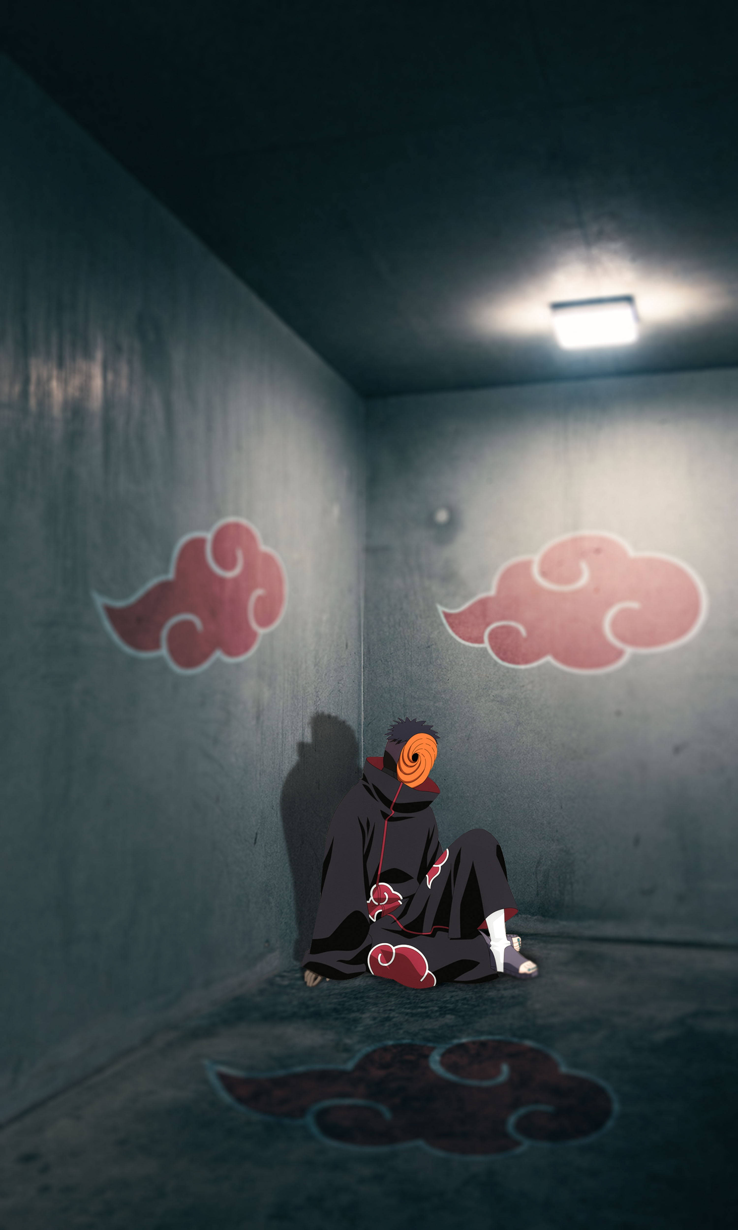 Obito Uchiha, red cloud symbols, dim concrete room, 4K Phone Wallpaper