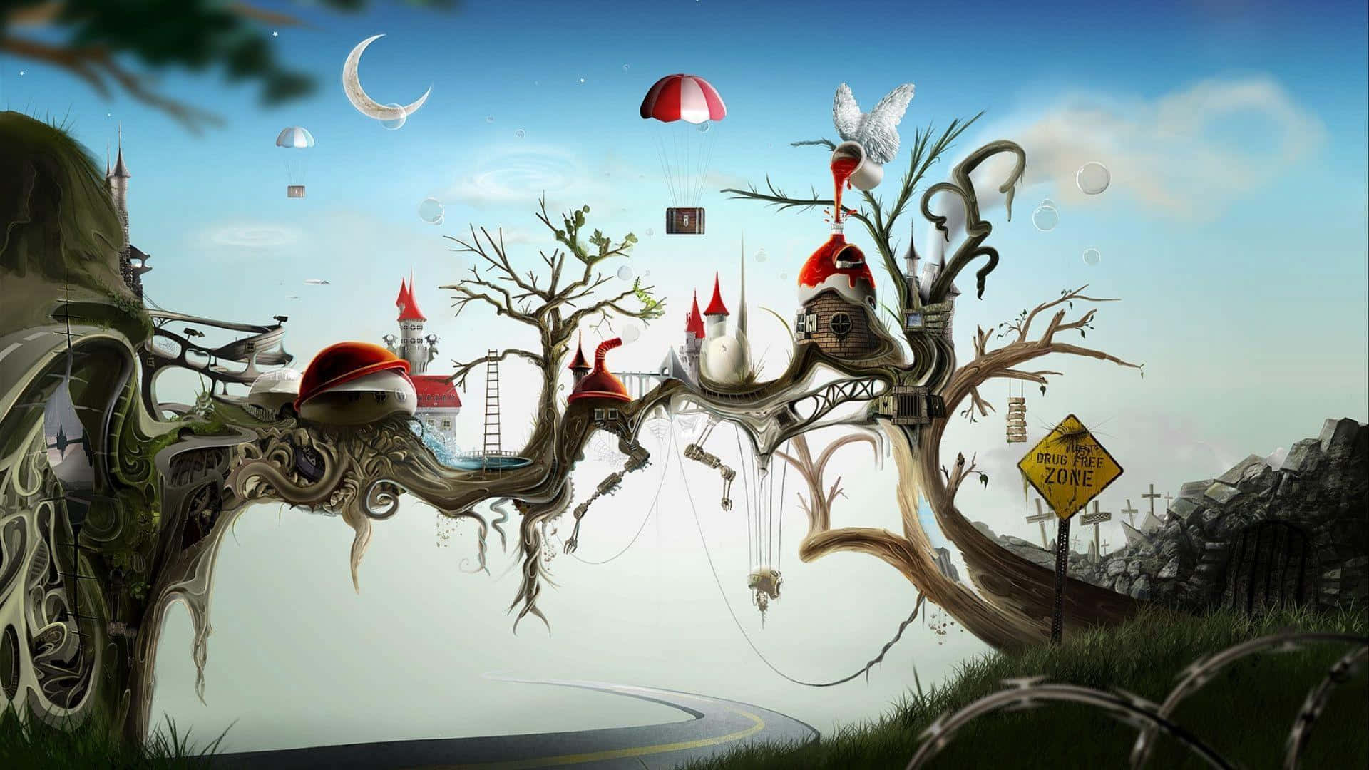 Obscure, treehouse, red roofs, Full HD Desktop Wallpaper