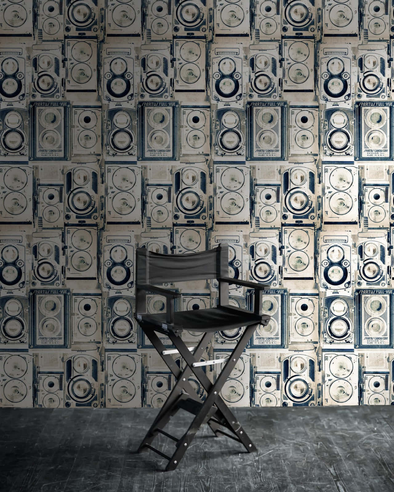 black director's chair, vintage film reel patterns, muted blue, HD Phone Wallpaper