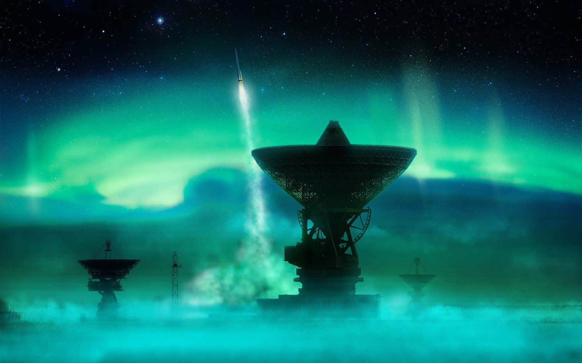 radio telescope, rocket launch, misty landscape, Full HD Desktop Wallpaper