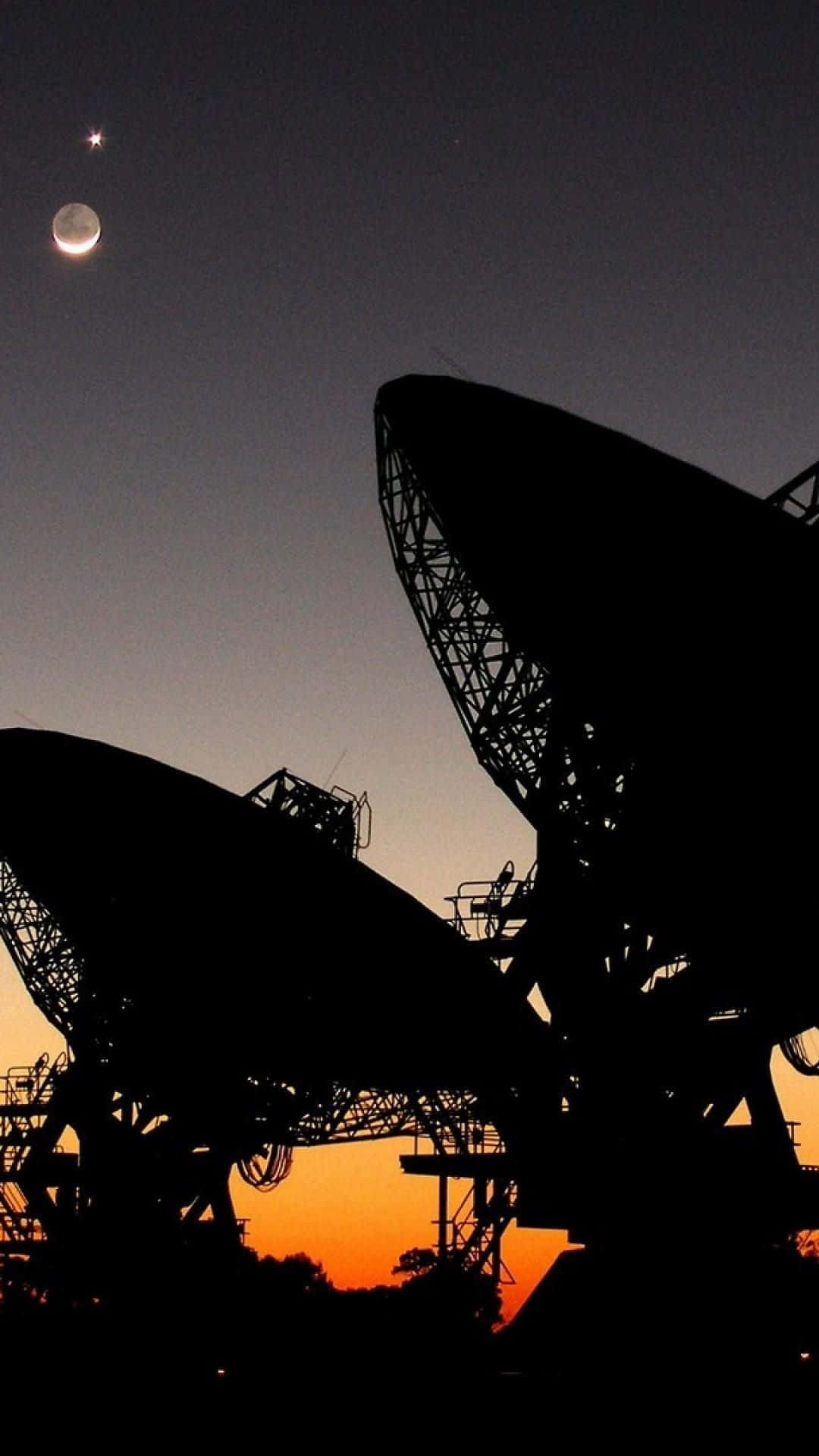 radio telescope, twilight sky, crescent moon, Full HD Phone Wallpaper