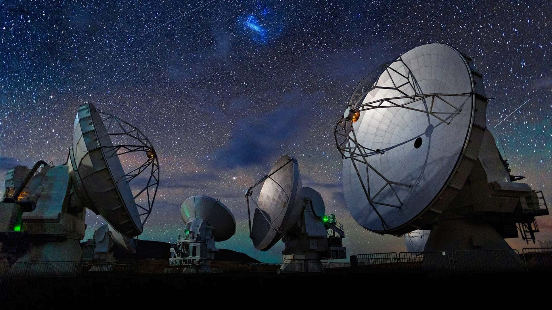 radio telescope, starry night sky, glowing blue nebula, Full HD Desktop Wallpaper