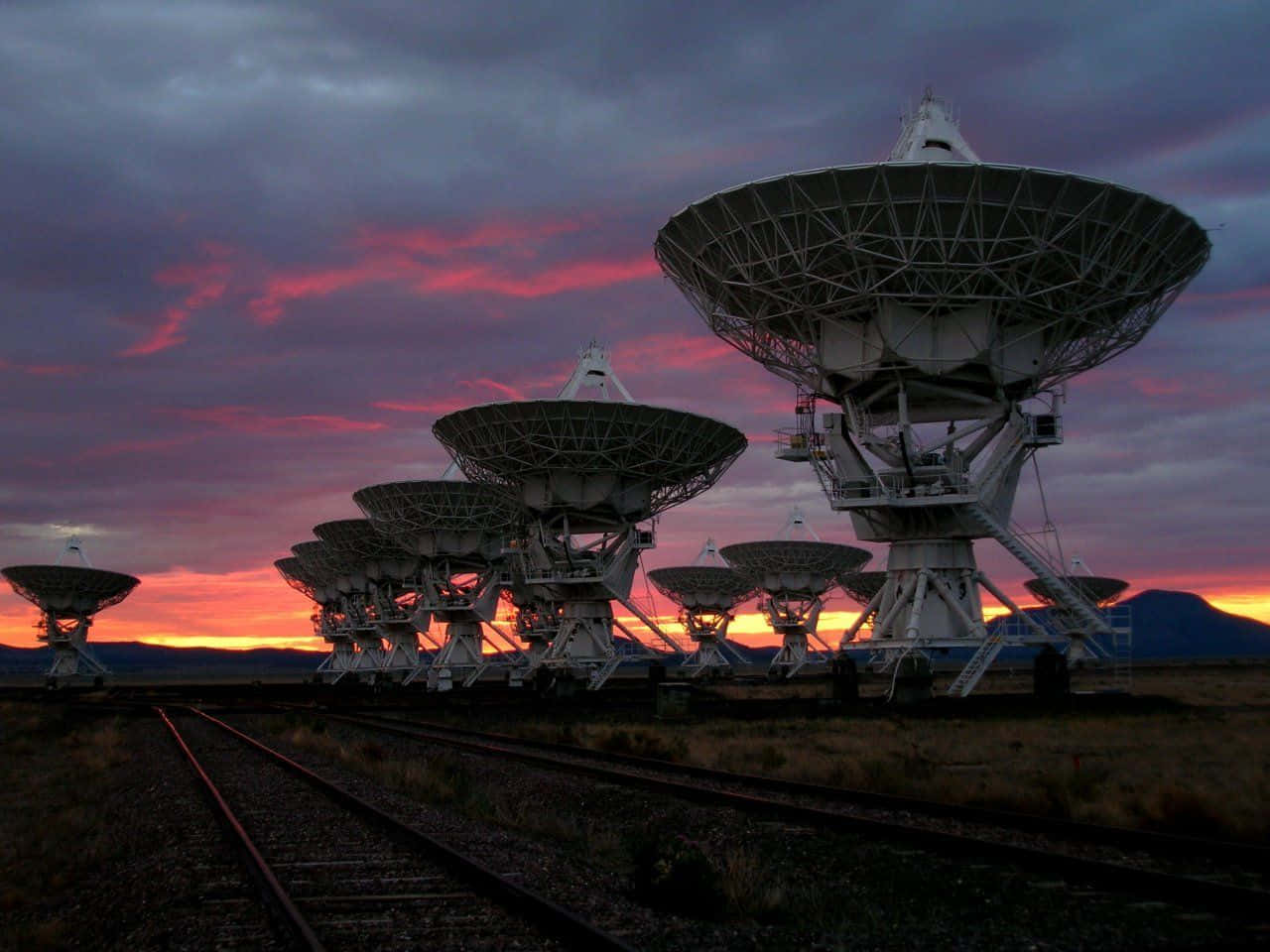 radio telescope, desert, sunset, HD Desktop Wallpaper