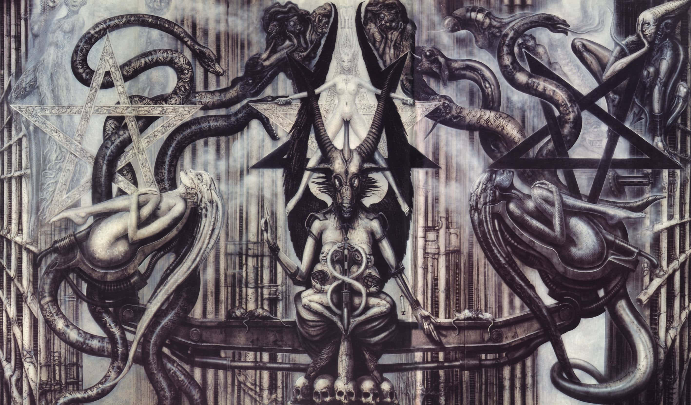 Occult, horned demonic figure, skulls, 2K Desktop Wallpaper