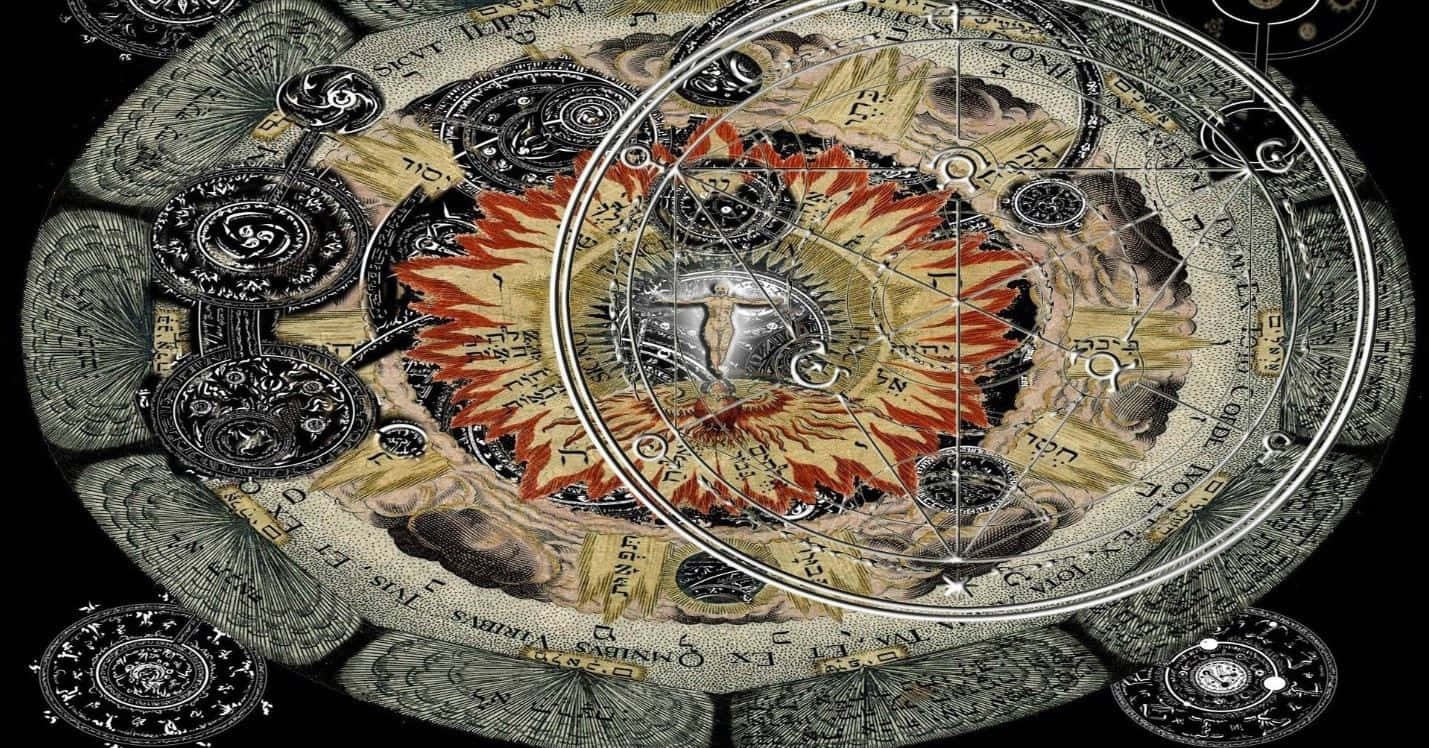 Occult, circular astrological chart, fiery sunburst, HD Desktop Wallpaper