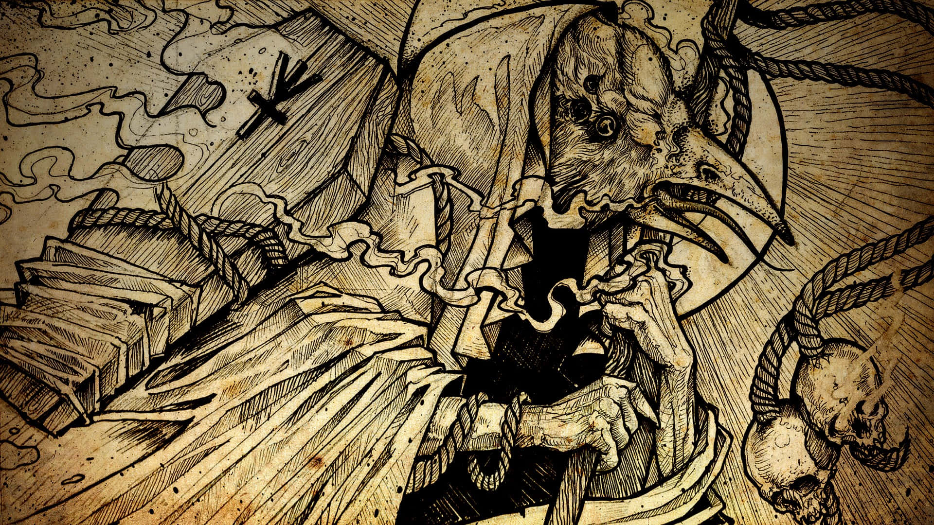 Occult, grotesque bird-headed figure, hooded robe, Full HD Desktop Wallpaper