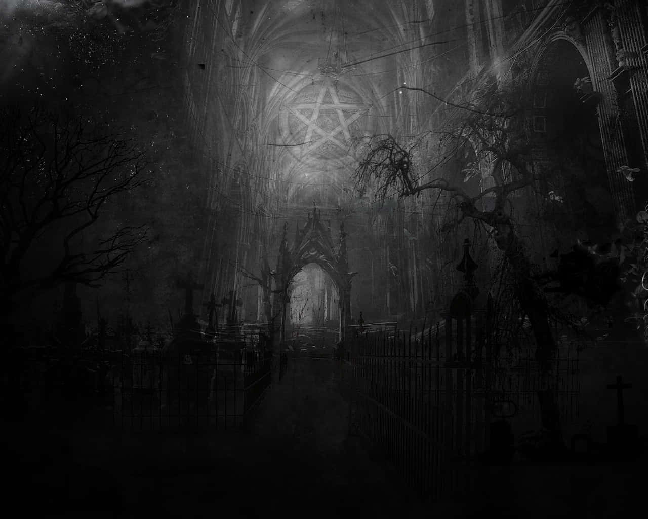 black and white cathedral interior, glowing pentagram ceiling, twisted trees, HD Desktop Wallpaper