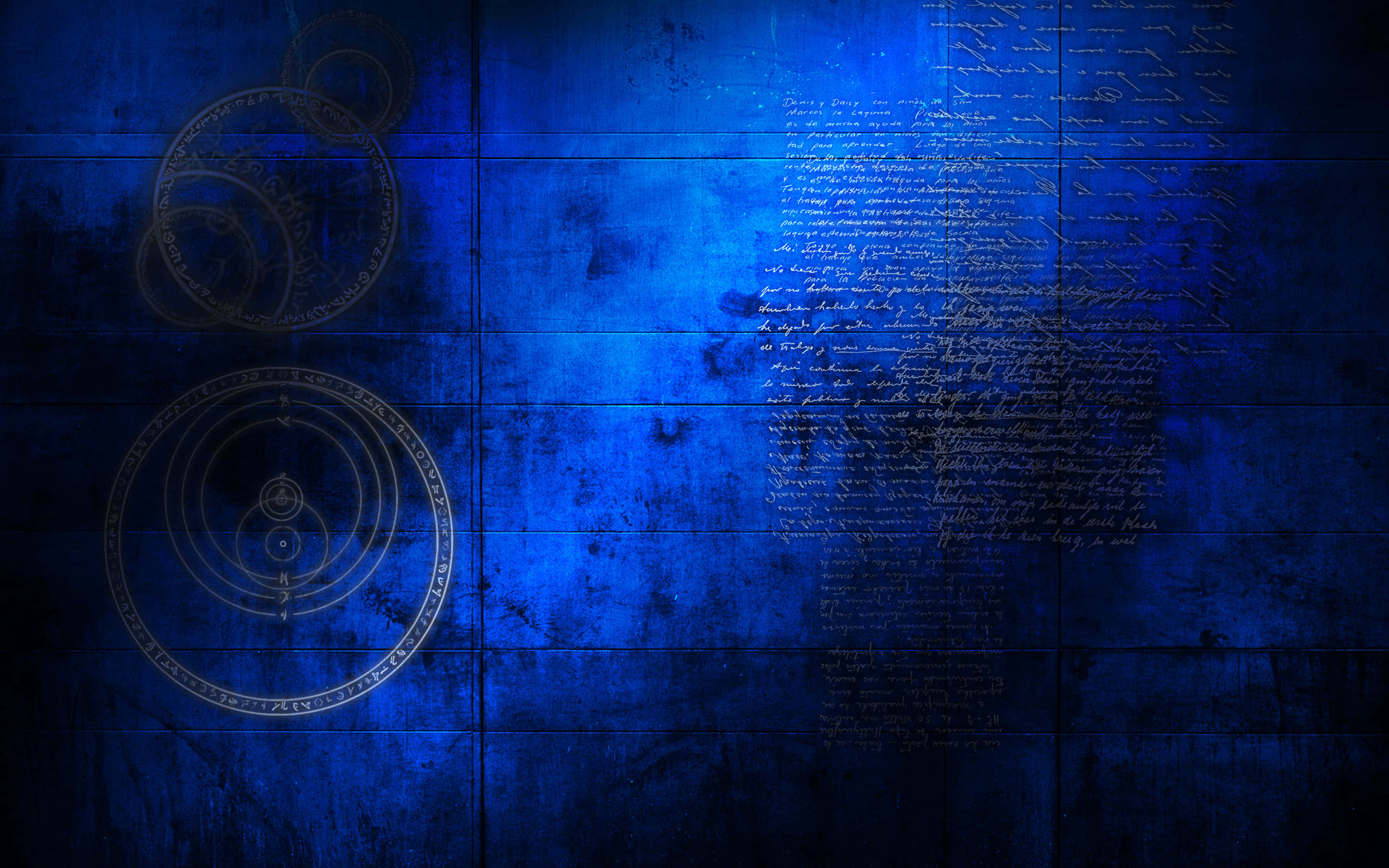 Occult, deep blue textured wall, glowing circular symbols, 2K Desktop Wallpaper