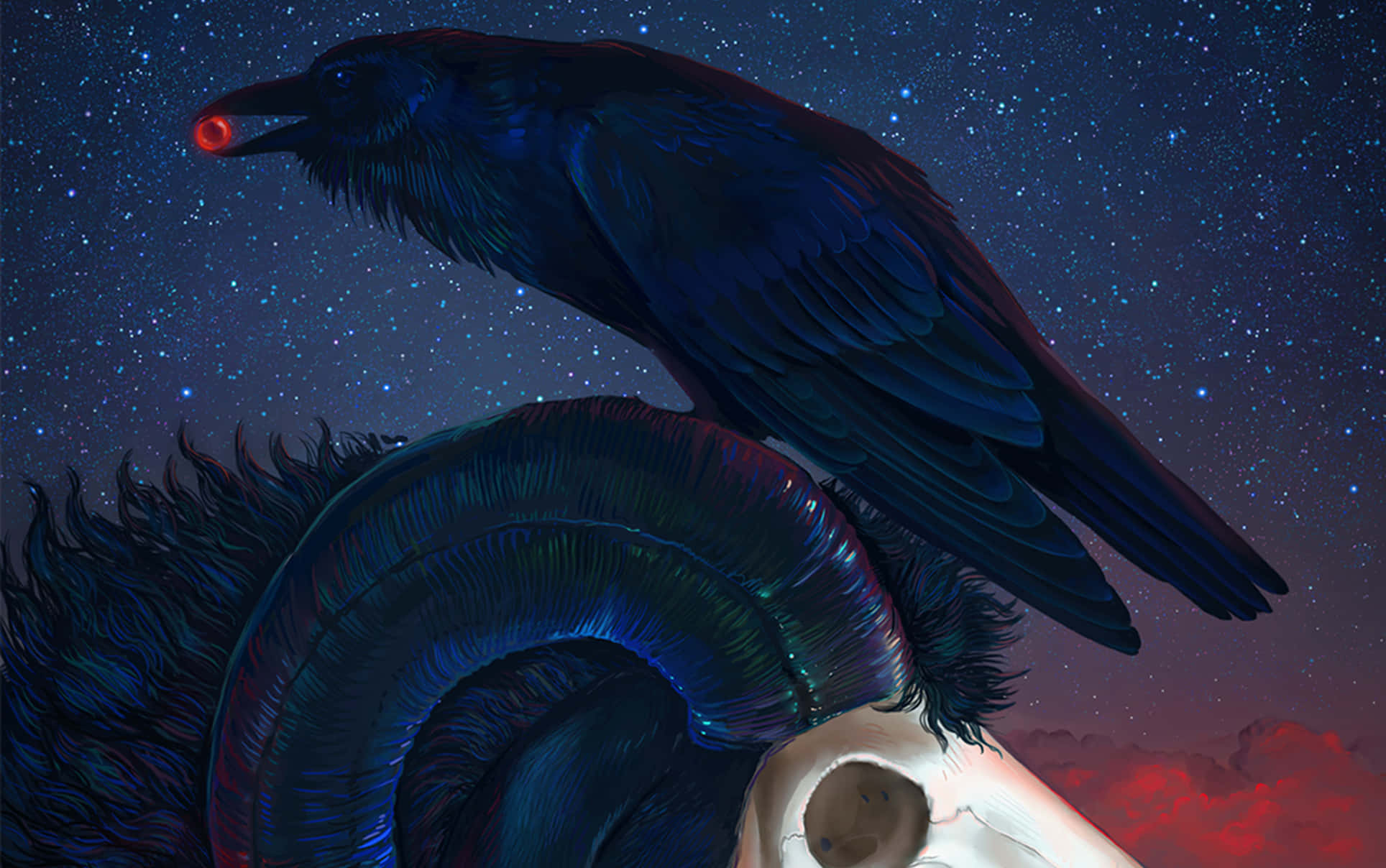 occult, raven, glowing red eye, Full HD Desktop Wallpaper
