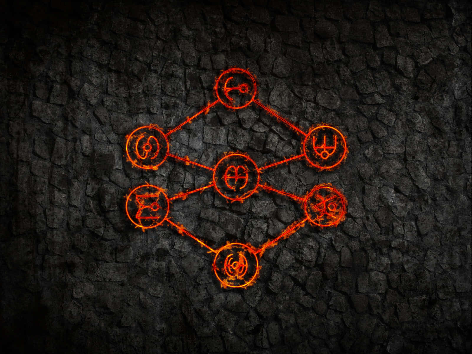 Occult, glowing orange mystical symbols, cracked black stone surface, HD Desktop Wallpaper