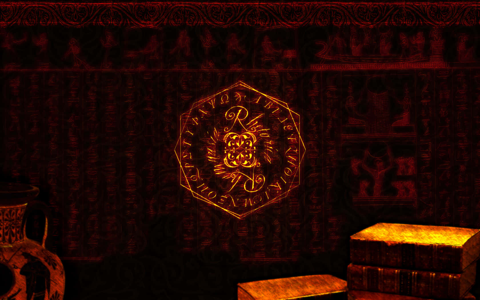 Occult, glowing golden octagonal sigil, intricate runes, HD Desktop Wallpaper