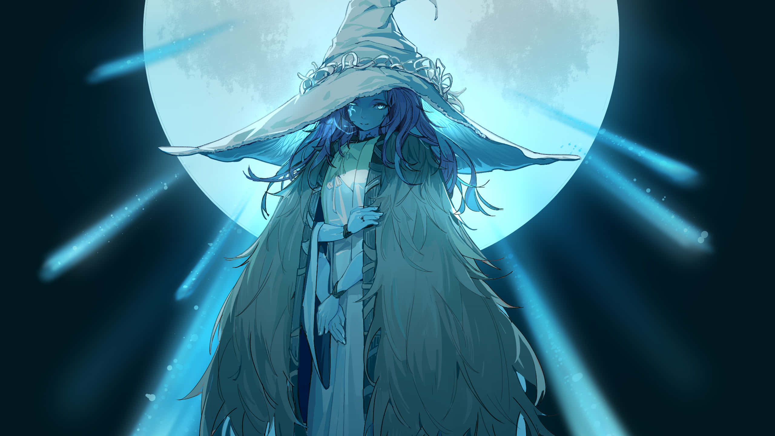 blue-haired witch, wide-brimmed hat, glowing full moon, 2K Desktop Wallpaper