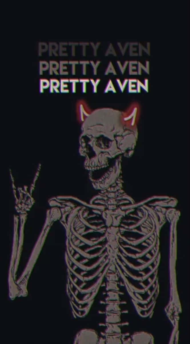 glitchy skeleton, glowing red devil horns, rock hand gesture, SD Phone Wallpaper