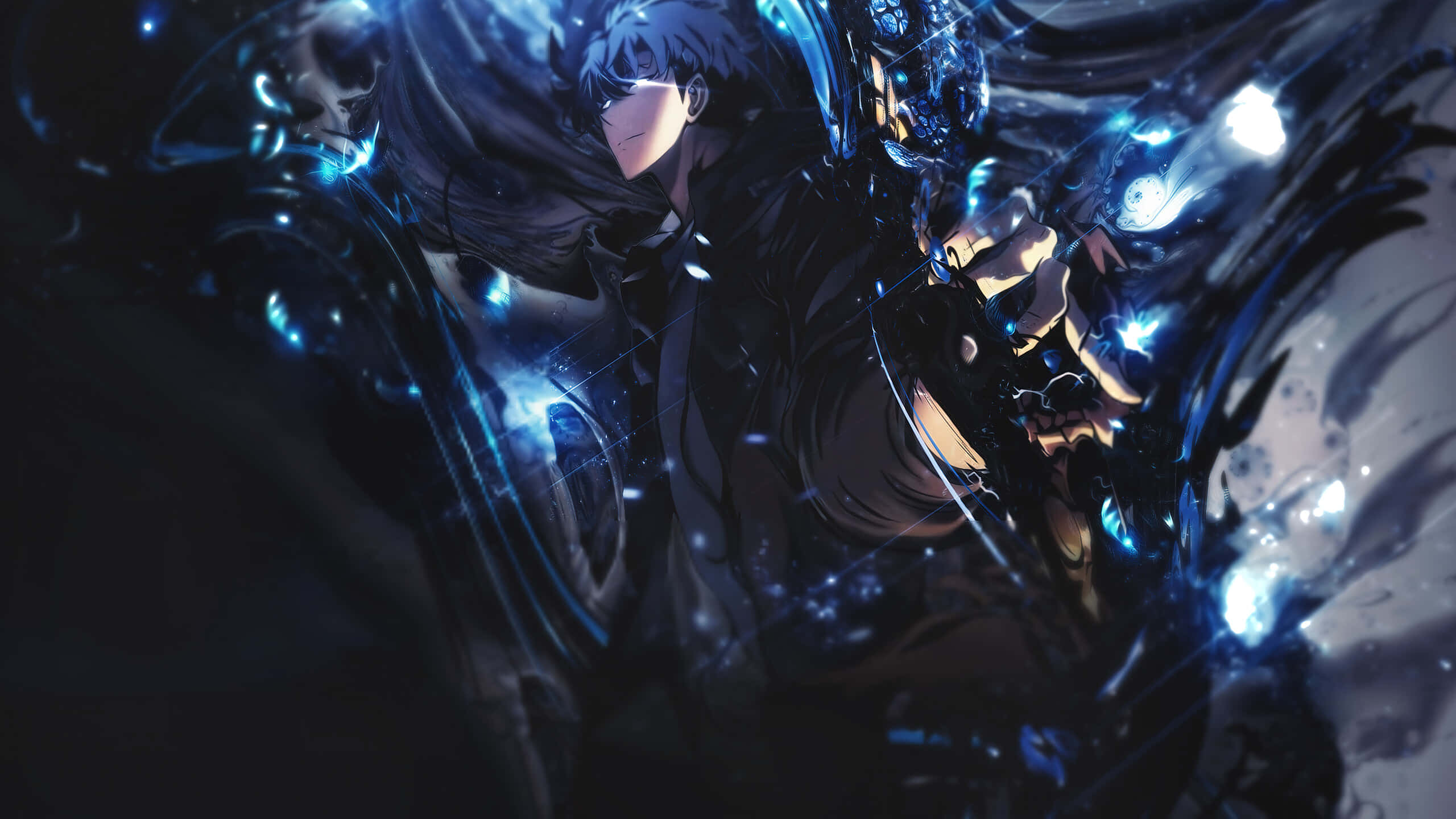 mystical manhwa character, black coat, swirling blue energy, 2K Desktop Wallpaper