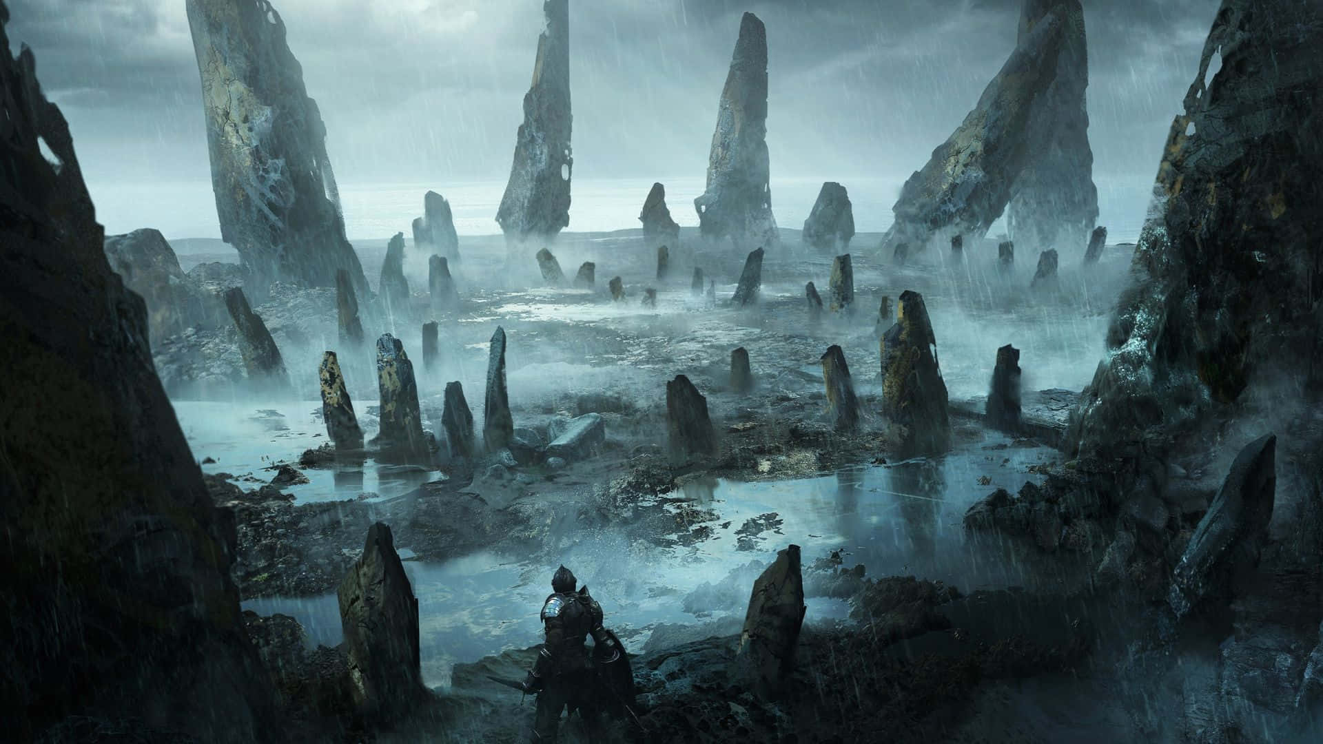 demonic foggy ruins, misty sea of jagged stone pillars, stormy gray sky, Full HD Desktop Wallpaper