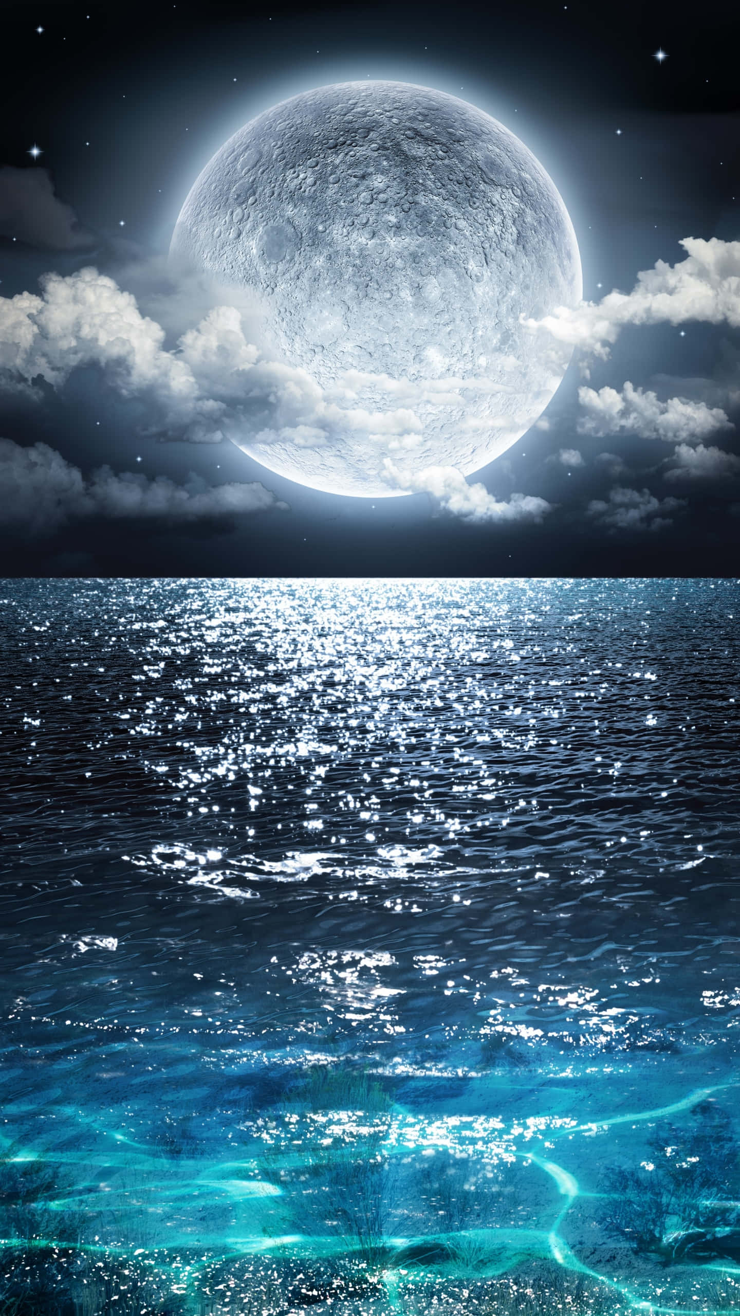 ocean aesthetic phone, glowing moon, turbulent ocean, 2K Phone Wallpaper