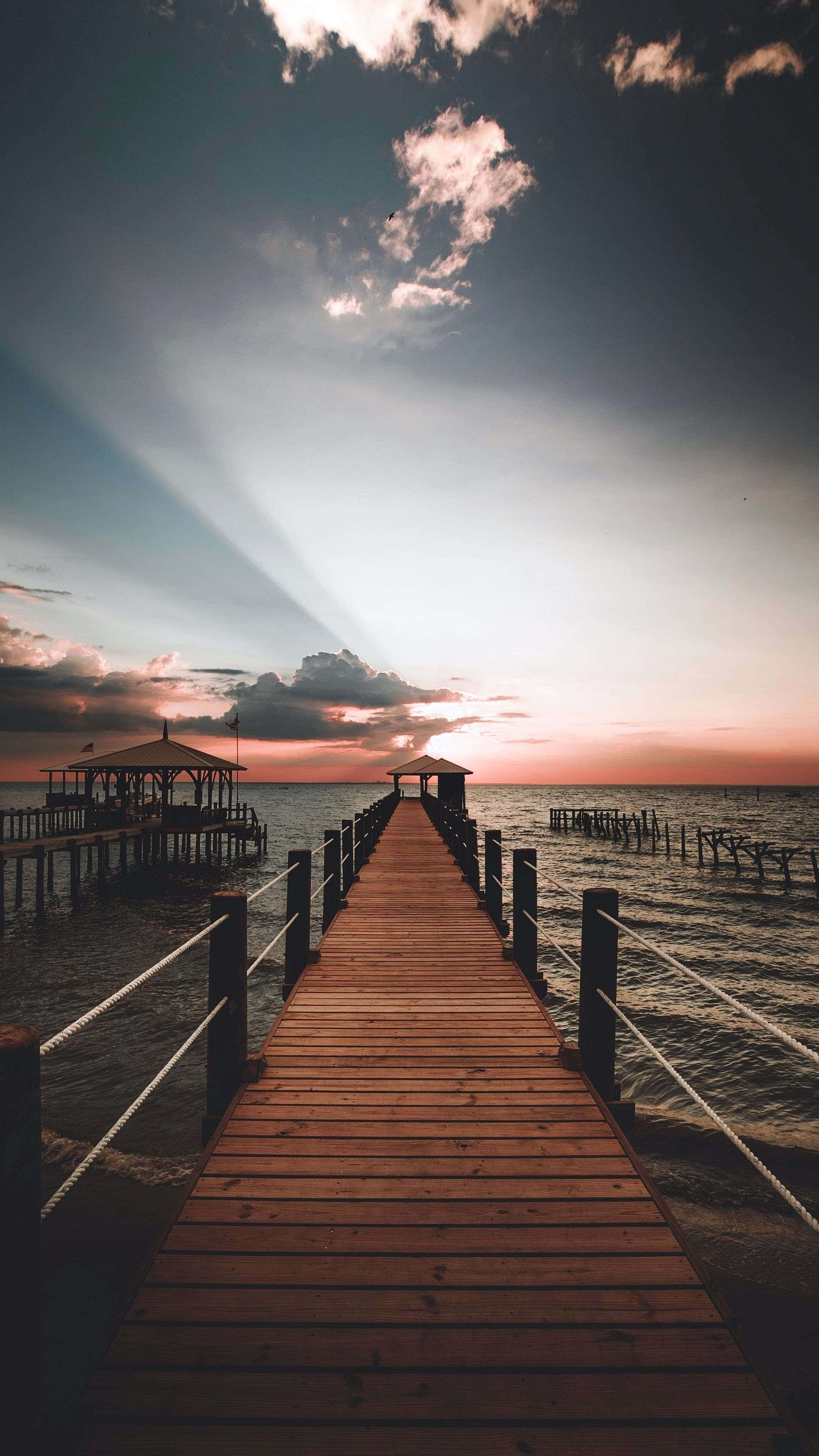ocean aesthetic phone, wooden pier, calm waters, 4K Phone Wallpaper