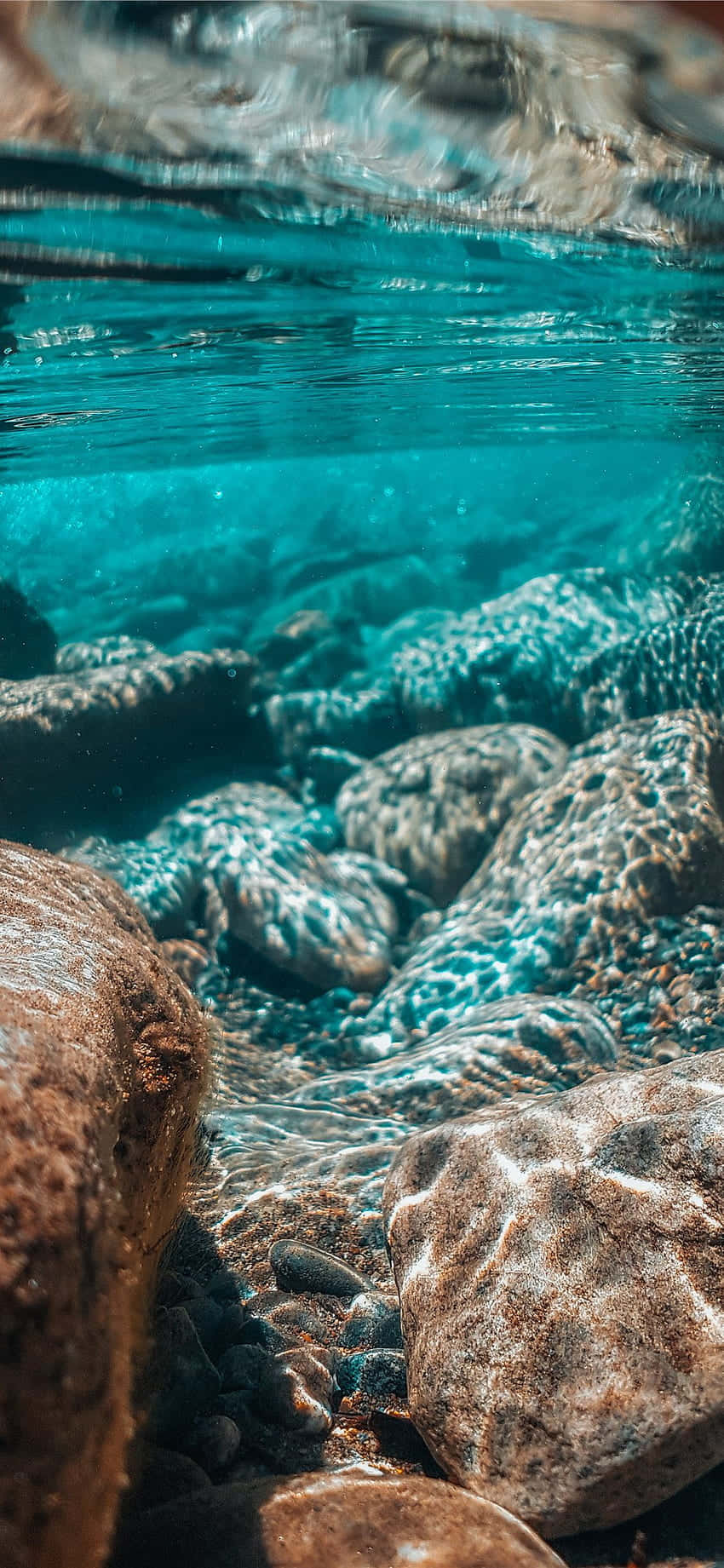 underwater rocks, sunlit turquoise water, textured river rocks, HD Phone Wallpaper