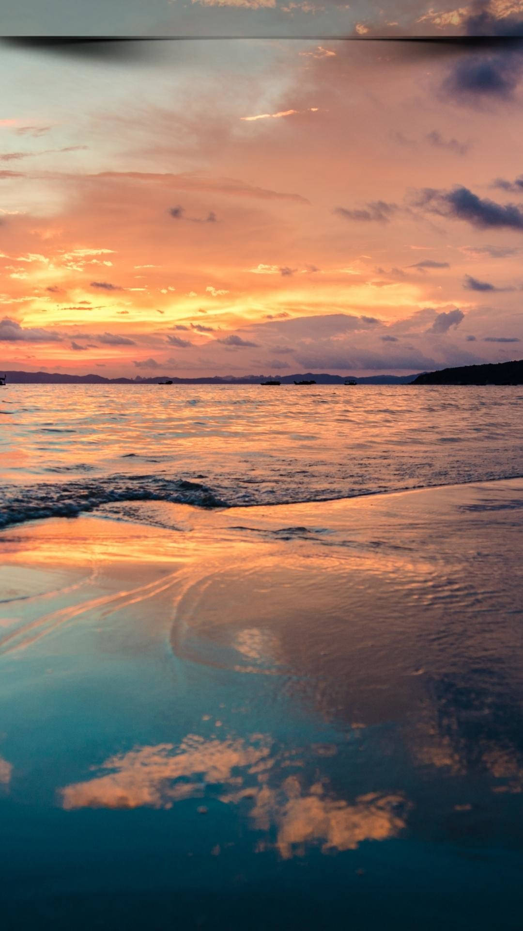beach, sunset, golden orange clouds, Full HD Phone Wallpaper