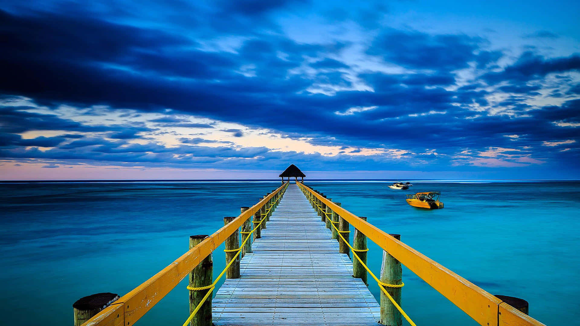 Ocean Beach, wooden pier, yellow railings, Full HD Desktop Wallpaper