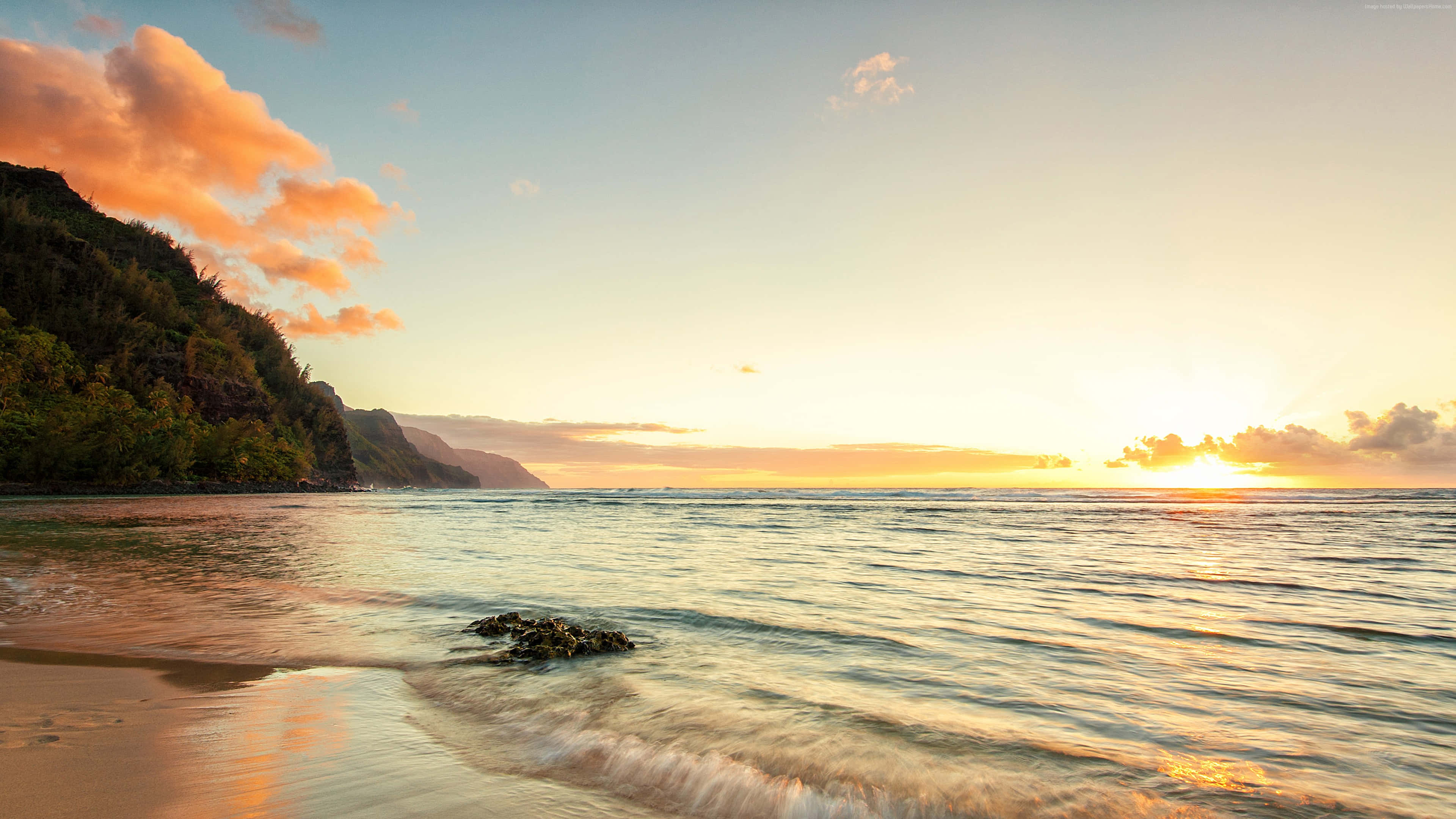 Ocean Beach, Sunset, orange sky, 4K Desktop Wallpaper