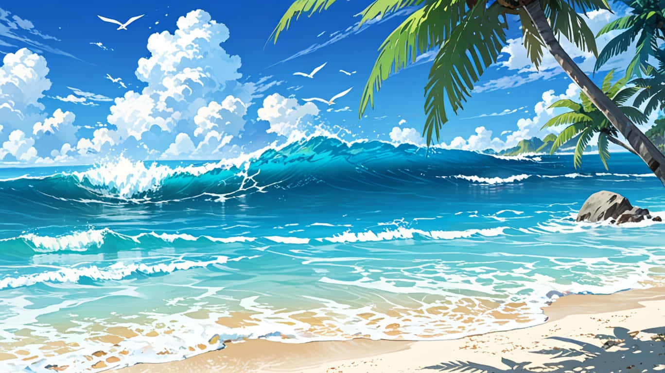 turquoise waves, golden sandy beach, bright blue sky, HD Desktop Wallpaper