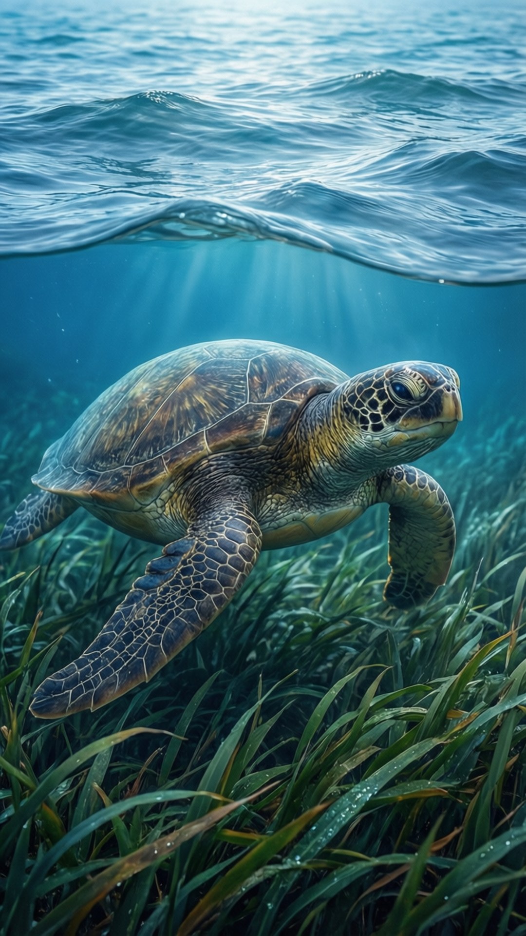 sea turtle, sunlit ocean grass, rippling blue water, Full HD Phone Wallpaper
