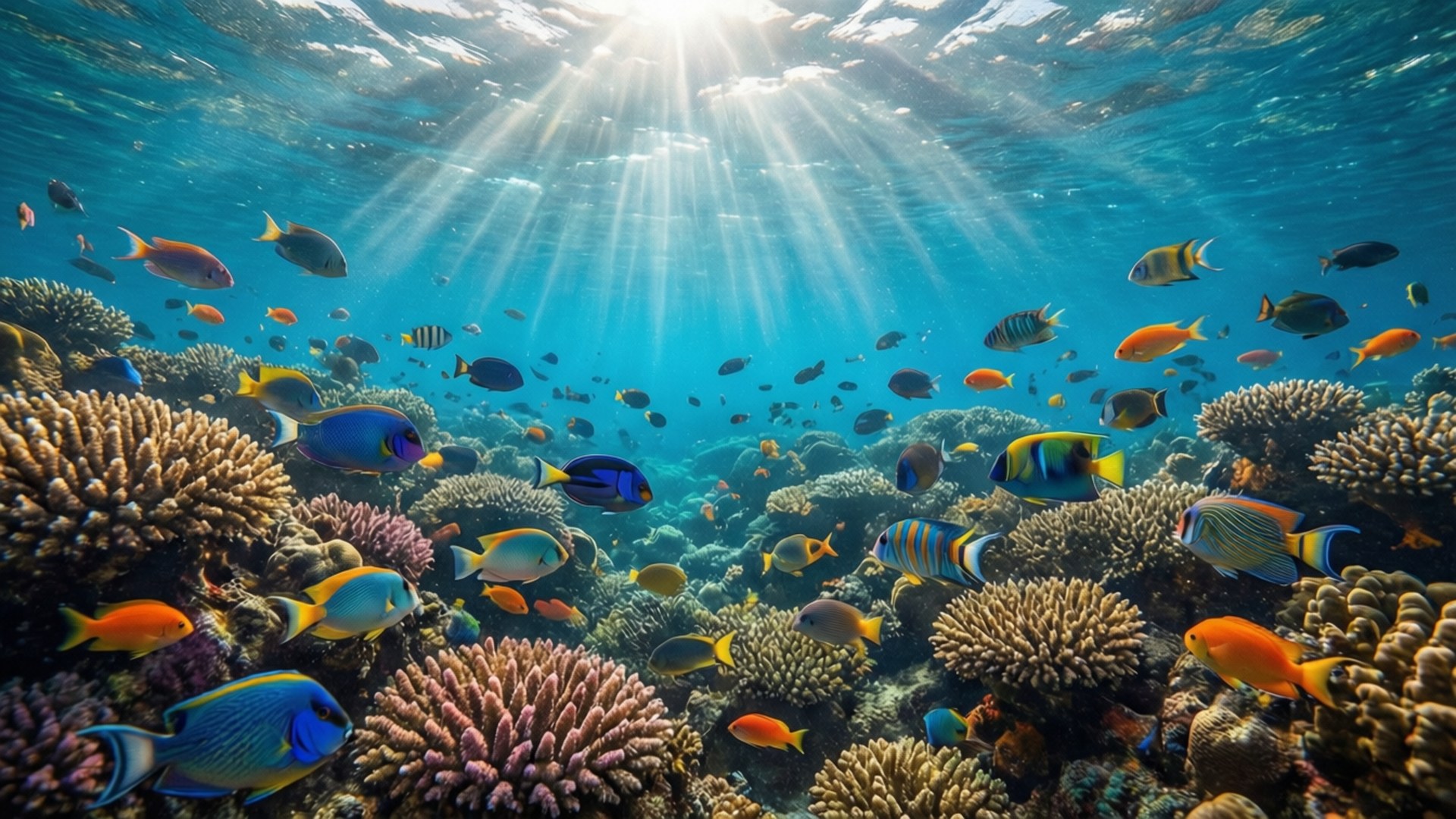 vibrant coral reef, sunlight beams, turquoise water, Full HD Desktop Wallpaper