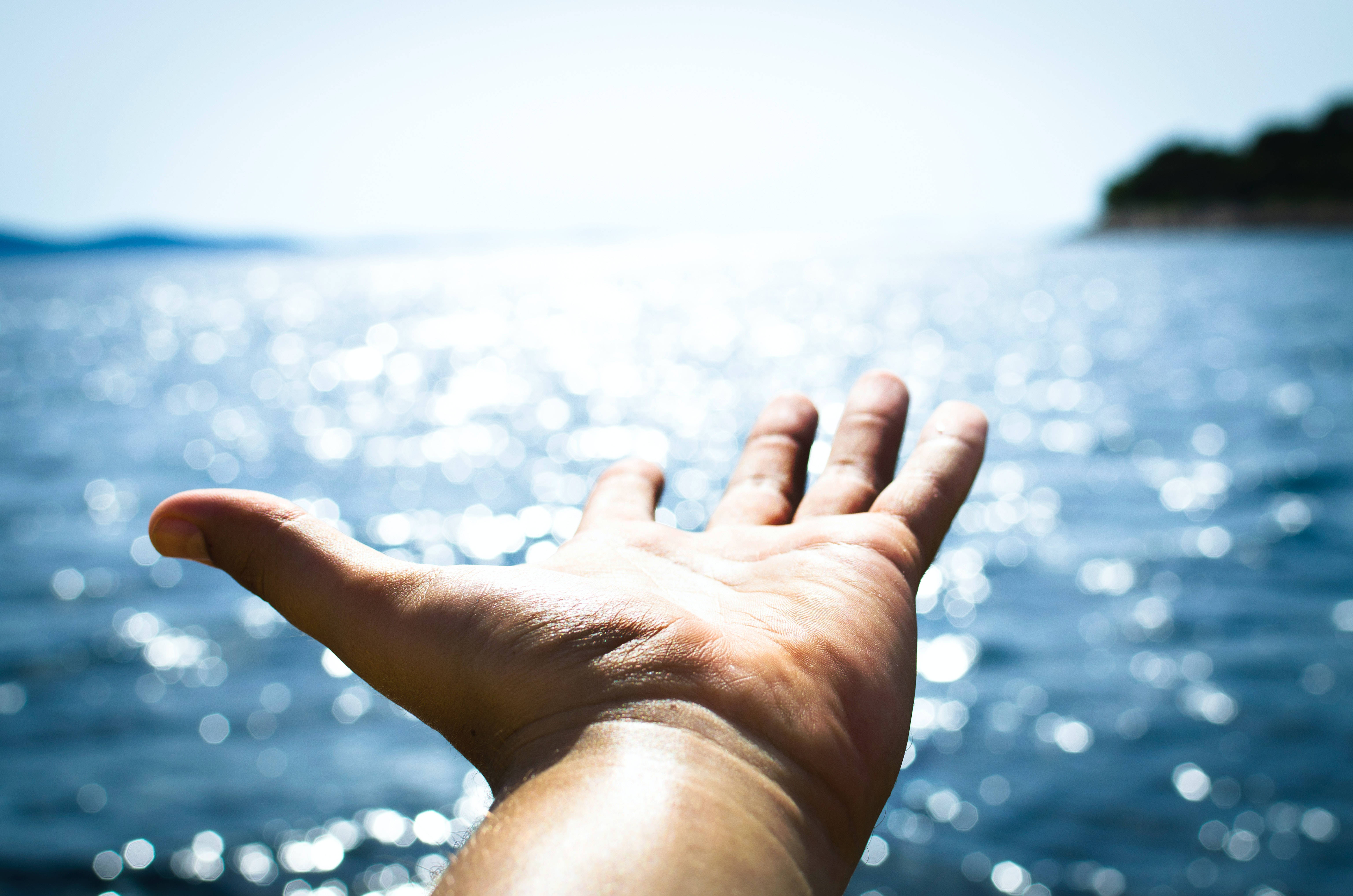 Ocean View Hands, sunlit ocean, sparkling water, 5K Desktop Wallpaper