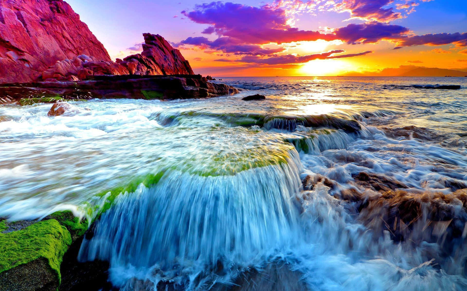 Ocean, Sunset, Fiery orange, Full HD Desktop Wallpaper