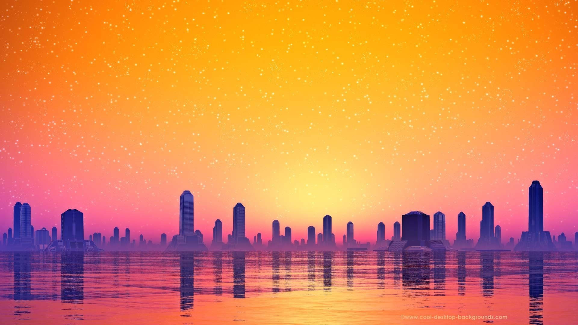 futuristic city skyline, sunset, vibrant orange and pink hues, Full HD Desktop Wallpaper