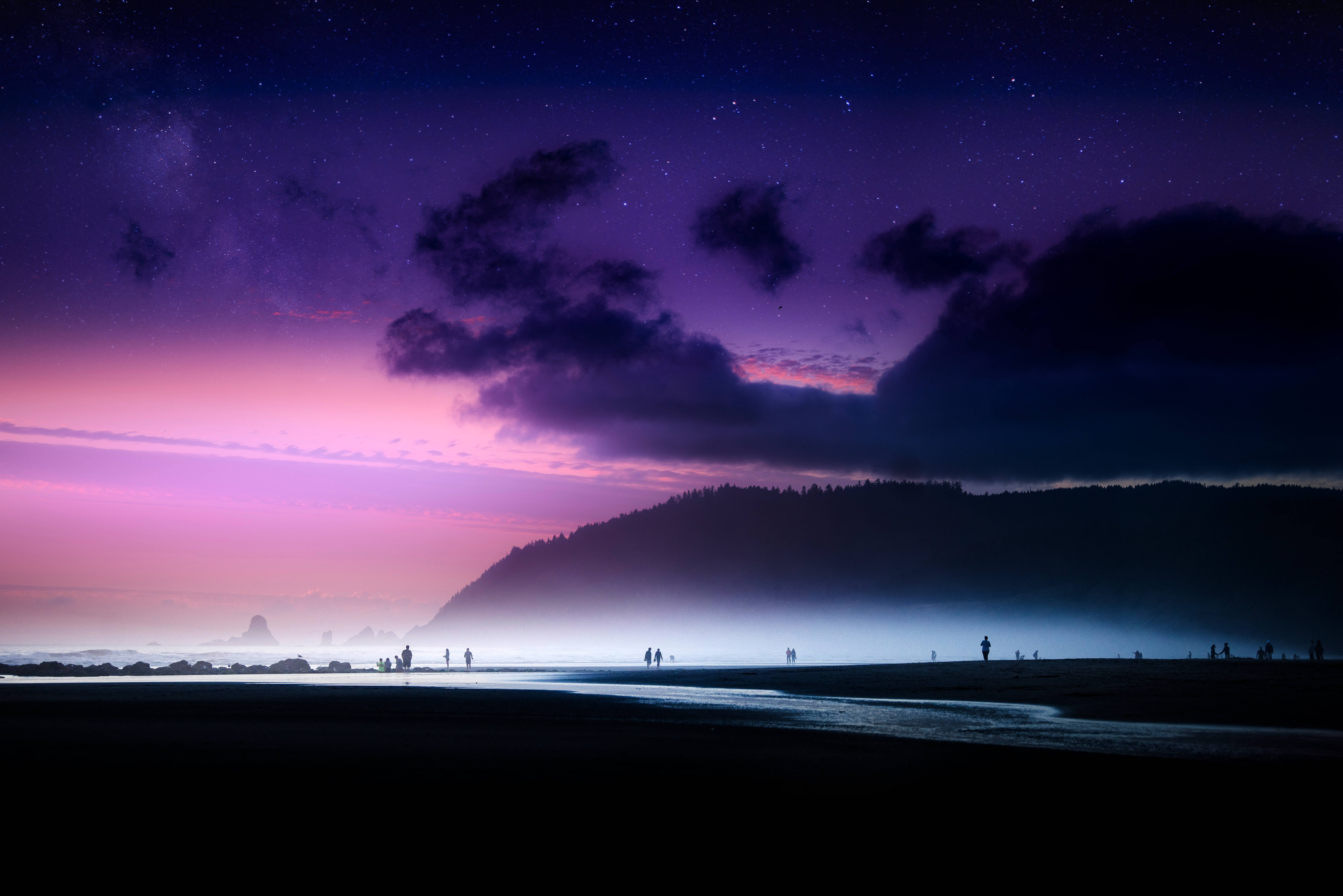 Twilight Sky Ocean Desktop, misty beach, vibrant purple and pink starry twilight sky, 5K Desktop Wallpaper