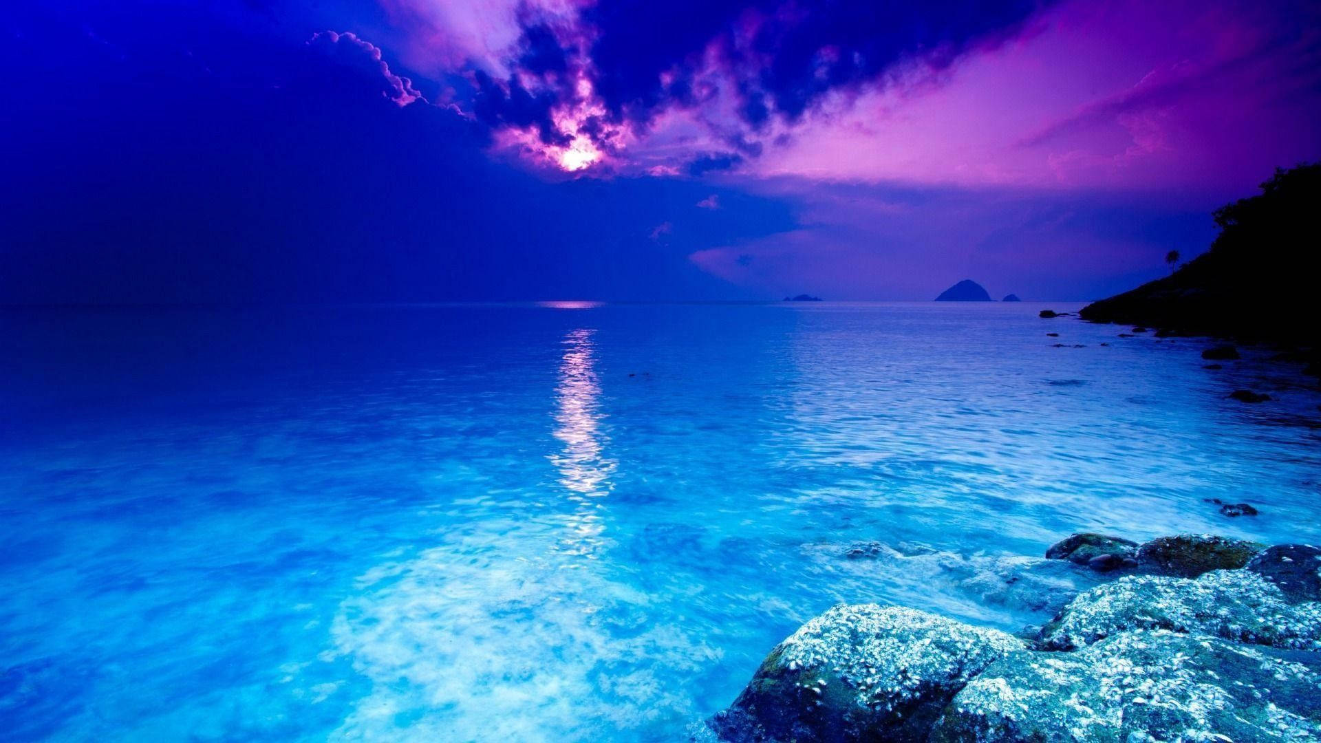blue and purple aesthetic ocean, vibrant purple and blue sunset, calm ocean, Full HD Desktop Wallpaper