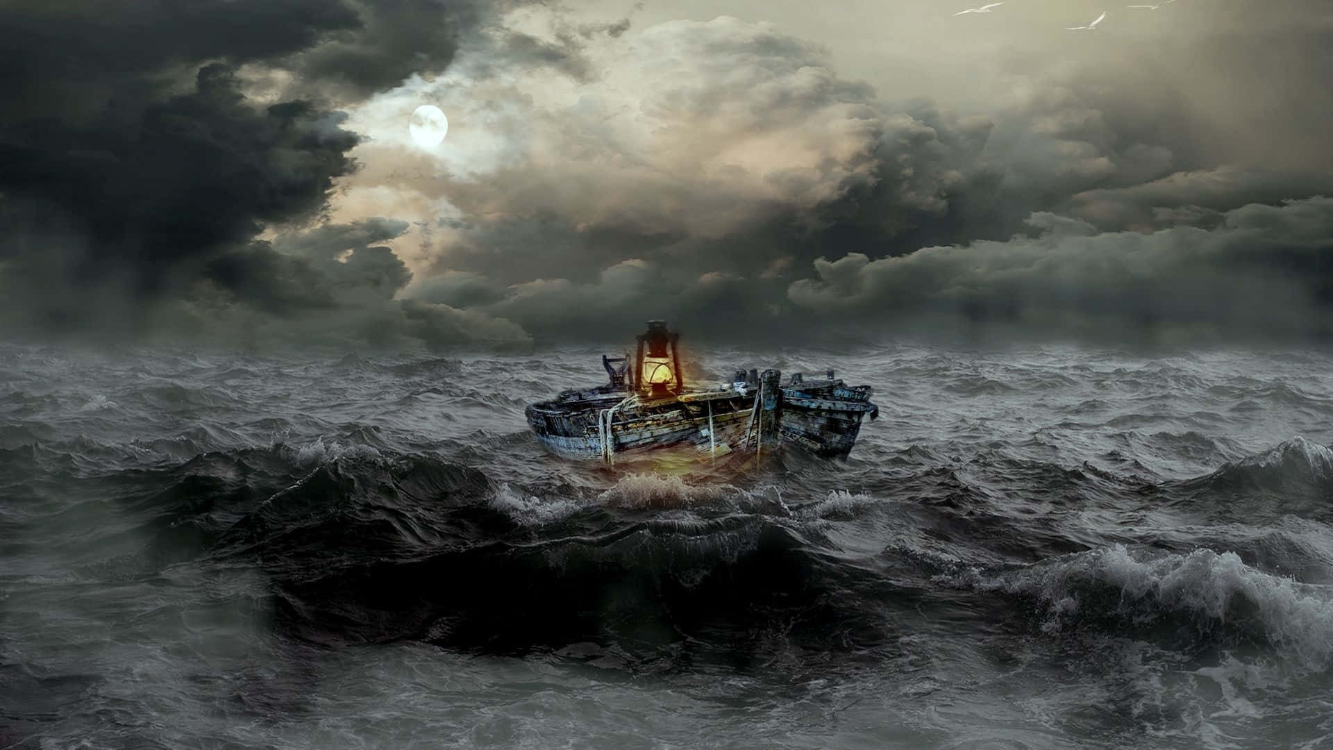 Ocean Storm, fishing boat, glowing lantern, Full HD Desktop Wallpaper