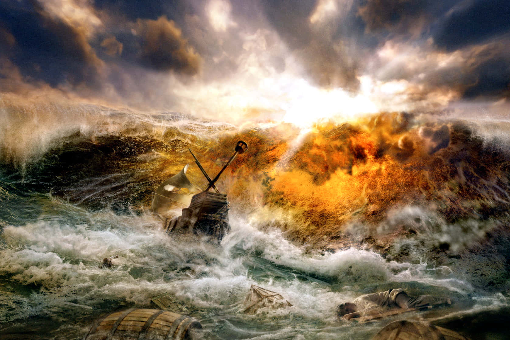 ship, raging tempest, ocean, HD Desktop Wallpaper