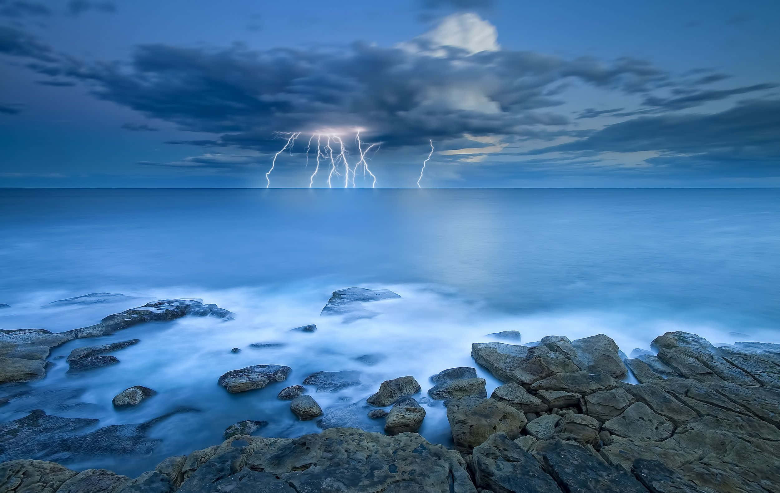 Ocean Storm, lightning strikes, stormy twilight sky, Full HD Desktop Wallpaper